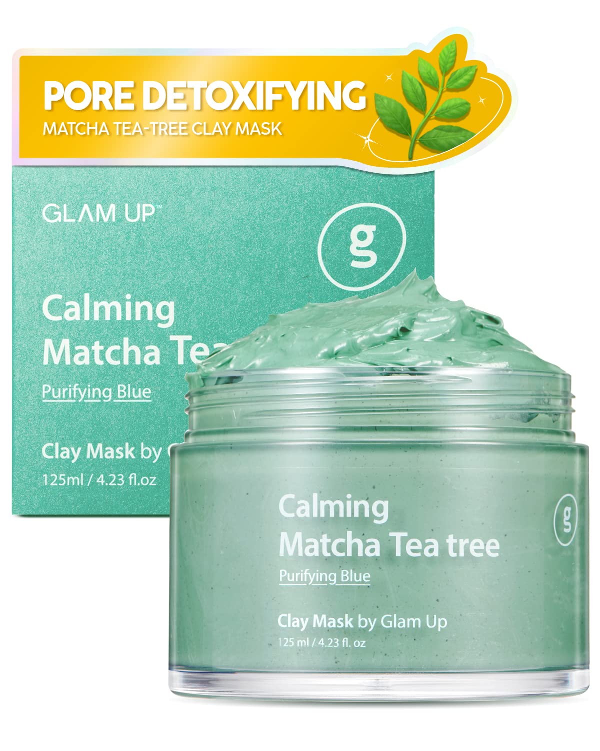 GLAM UP Calming Matcha Tea Tree Clay Mask - Deep Cleansing Pore Purifying Clay Mask with Tea Tree, Bentonite and Kaolin Clay - Vegan Clay Mask for Face and Body - (125ml/4.23 Oz)