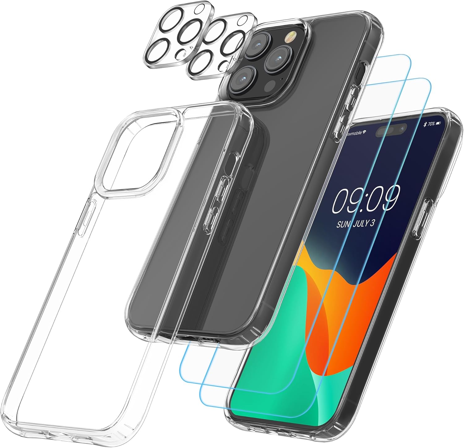 kwmobile 5-in-1 Clear Case Set Compatible with iPhone 15 Pro Case - Incl. Screen and Camera Protectors - Transparent