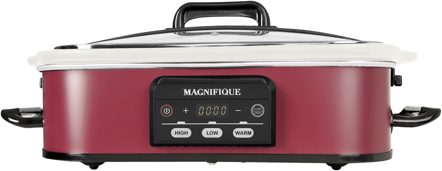 MAGNIFIQUE Small 4 Quart Casserole Programmable Slow Cooker with Ceramic Baking Dish - Perfect Kitchen Small Appliance for Family Dinners, Oven Safe and Durable Bakeware for Lasagna, Roasts (Red)