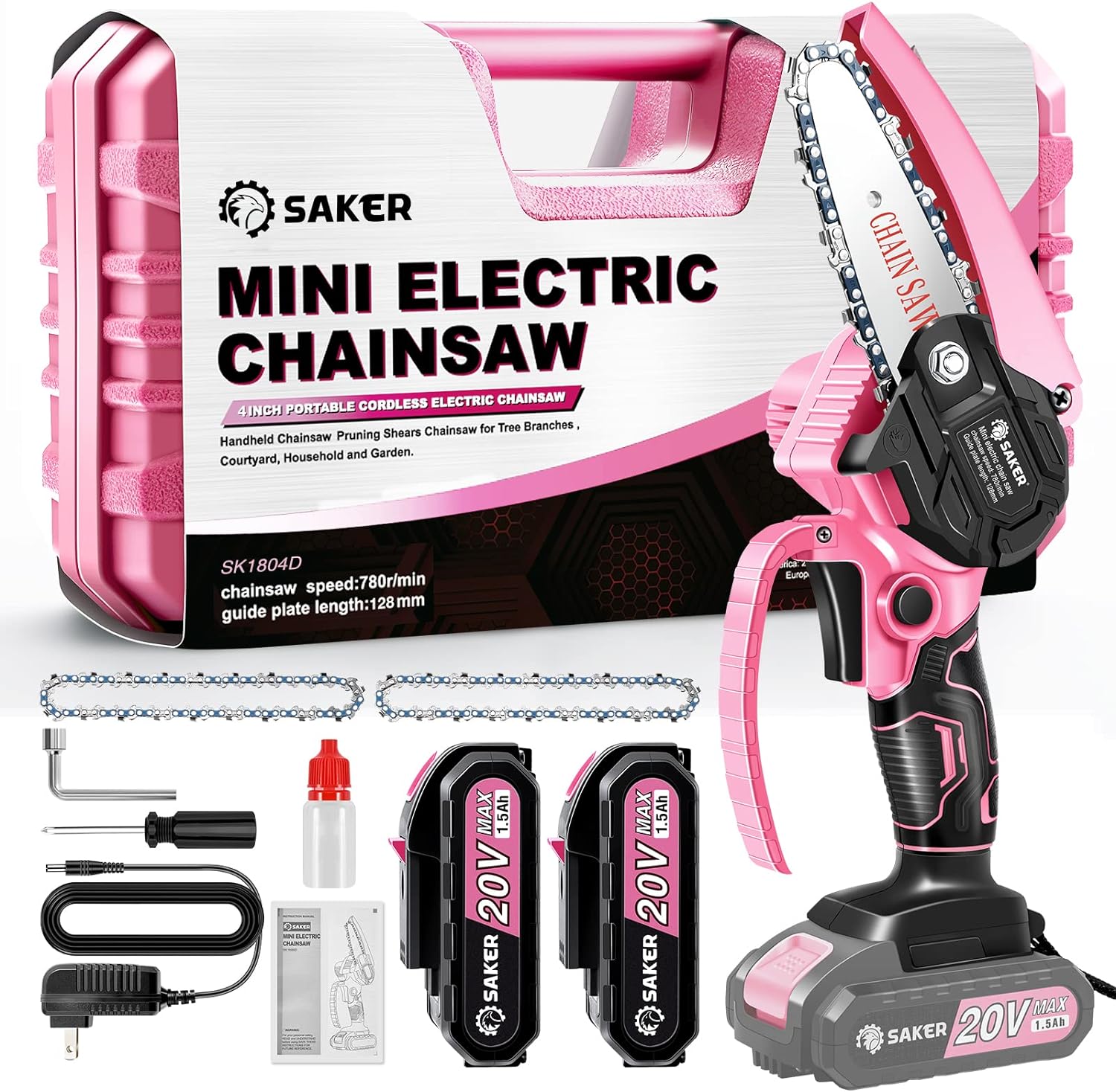 Saker Mini Chainsaw,Portable Electric Pink Mini Chainsaw Cordless,Handheld Chainsaw for Tree Branches,Courtyard, Household and Garden,By 2PCS 20V 1500mAh Batteries and 3 PCS Chains