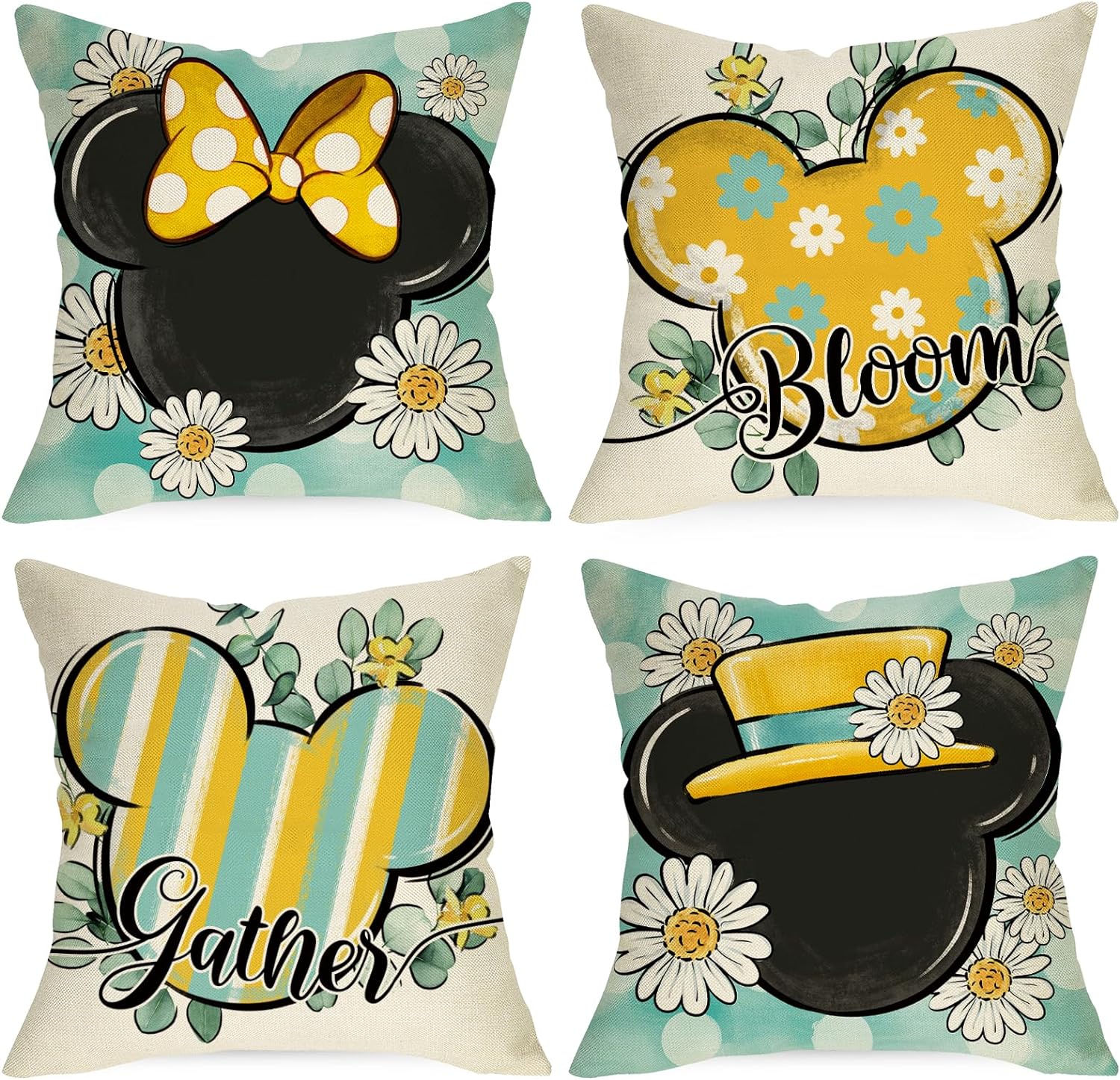 Spring Cartoon Mouse Decorative Throw Pillow Covers 18 x 18 Set of 4, Daisy Flower Eucalyptus Leaves Bloom Gather Cushion Case Decor, Teal Yellow Stripes Polka Dot Home Decoration for Sofa Couch