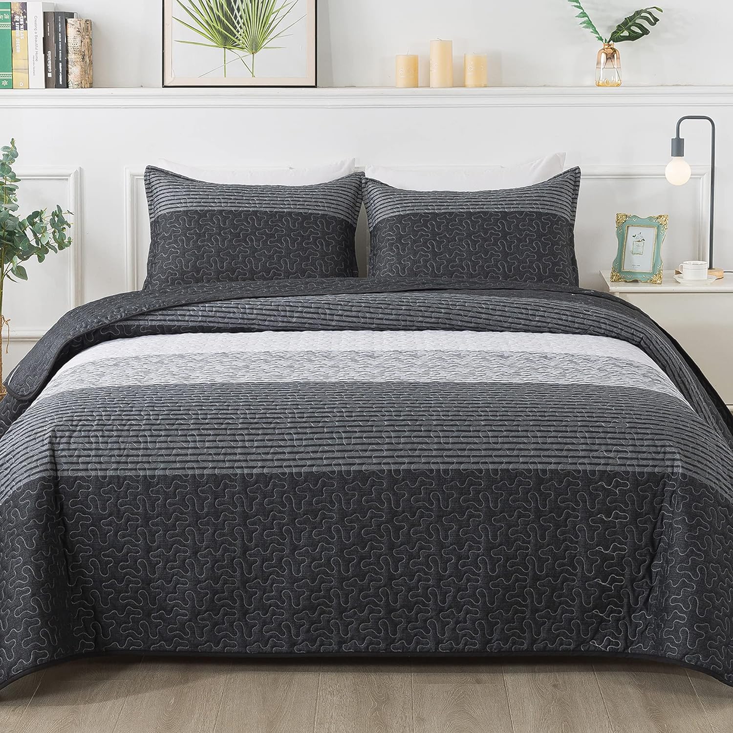 Andency King Size Quilt Set Black and White, 3 Pieces Grey Ultra Soft Lightweight Bedspreads & Coverlets Set, Patchwork Striped Quilted Bedding Sets for All Seasons (1 Quilt, 2 Pillow Shams)