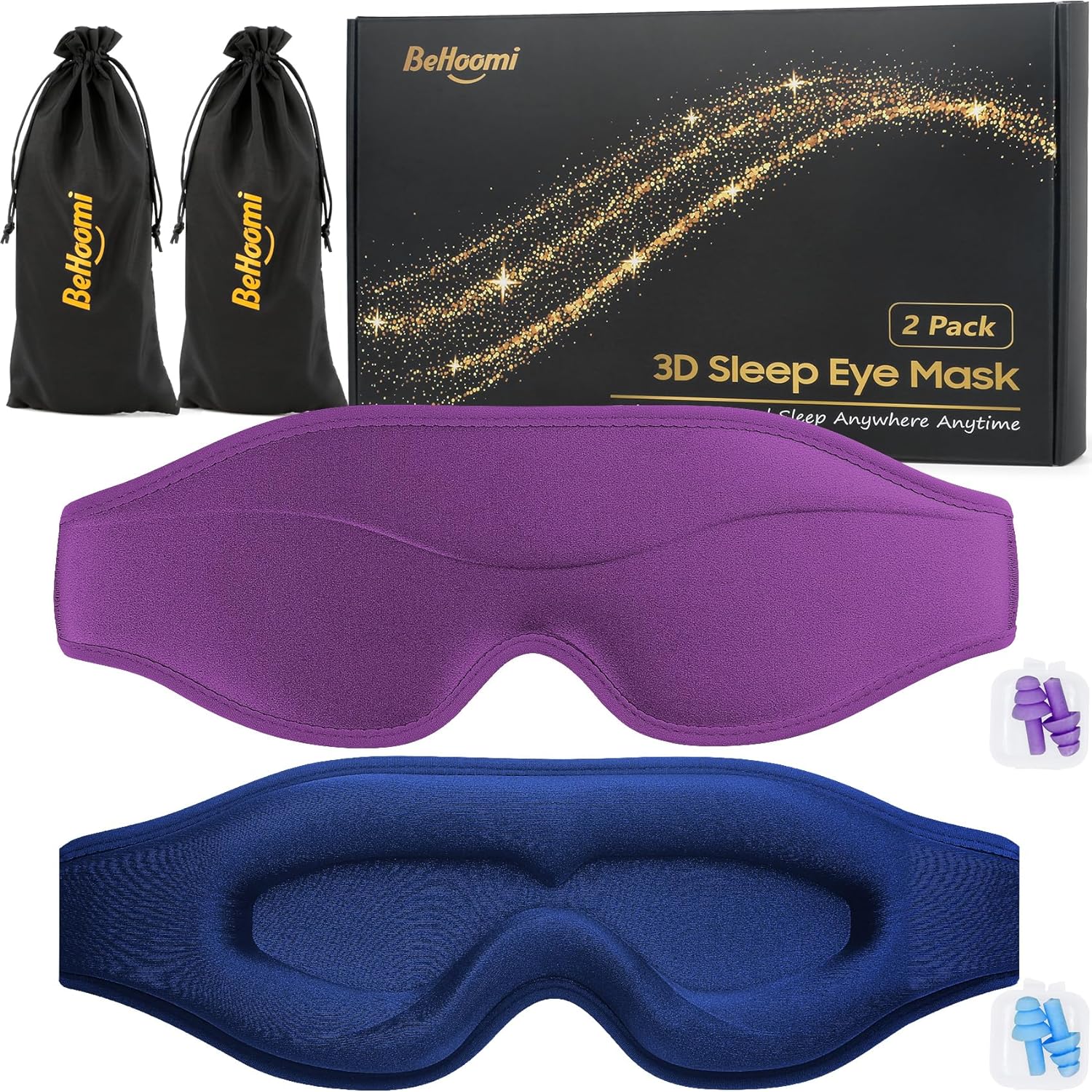 Sleep Mask, 2 Packs Premium Eye Mask for Sleeping, Total Blackout, Superior Soft Comfort, Upgraded 3D Ergonomic Designed Sleeping Mask for Home, Office, Travel, Meditation, Yoga, Blue & Purple