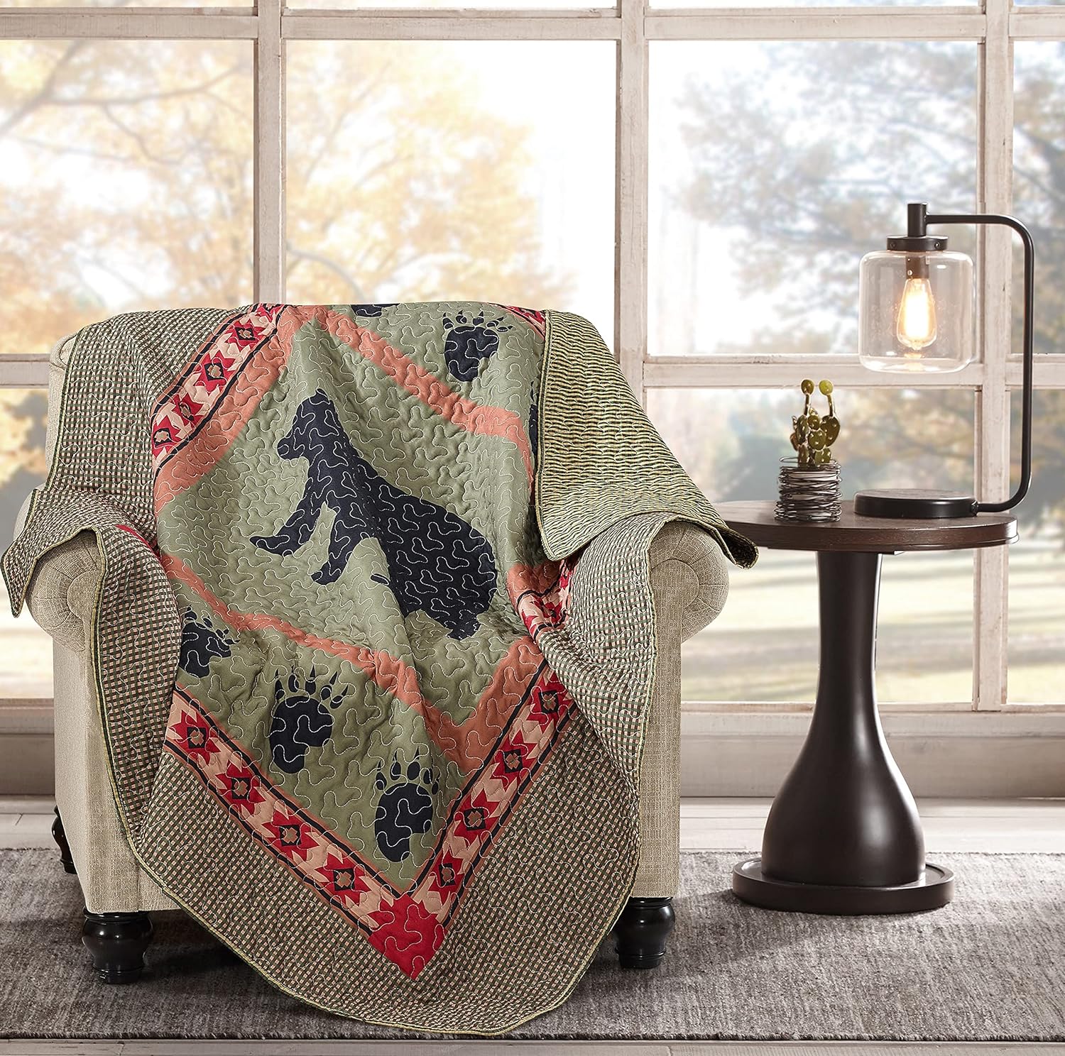 Virah Bella Quilted Bear Throw Blanket for Couch - 50" x 60" - Bear and Paw Lodge-Themed Throw Quilt