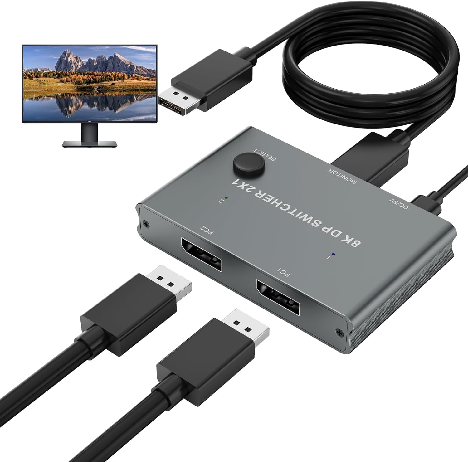 8K Displayport Switch, 8K DP 1.4 Switcher 2 in 1out, Support 8K@30Hz 4K@120Hz for PC Host Monitor Laptop