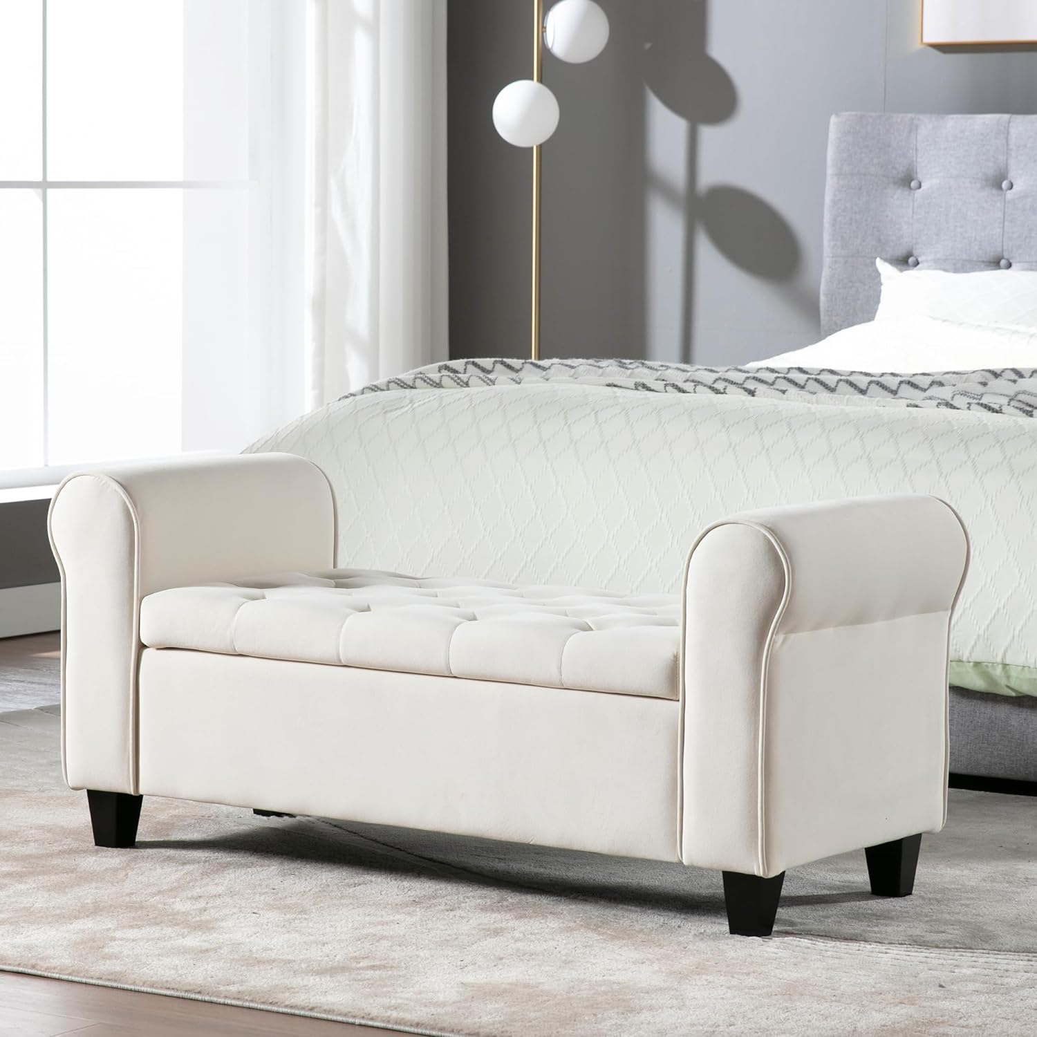 Ottoman+Storage+Bench+with+Roll+Arms%2c+Button+Tufted+Storage+End+of+Bed+Bench+with+Safty+Hinged+Lid+for+Bedroom%2c+Shoe+Storage+Bench+for+Entryway+Hallway+Foyer+Window%2c+Velvet-Beige