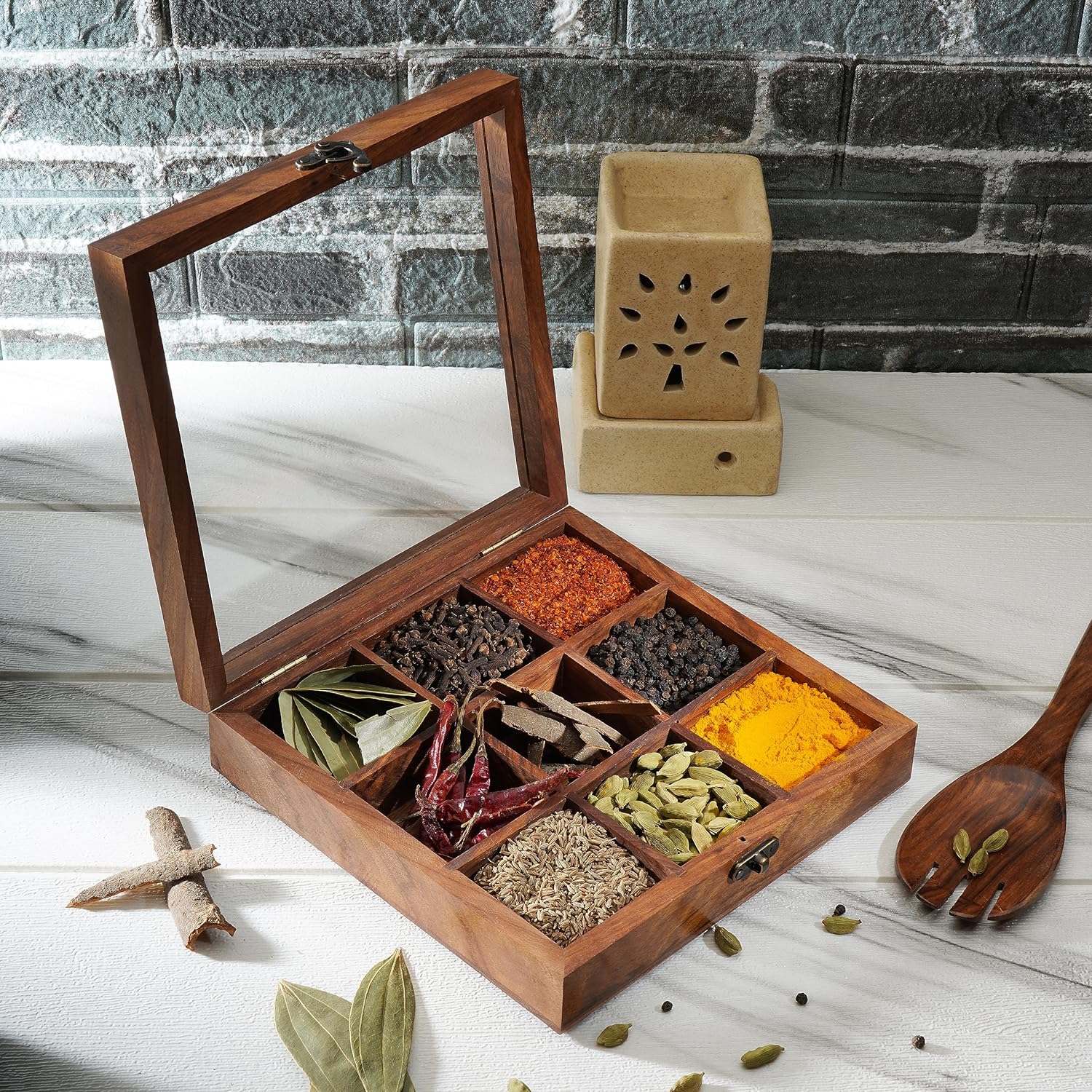 Ajuny Wooden Spice Box 8x8 Inch - Decorative Masala Dabba Organizer with Glass Lid, 9 Fixed Compartments & Spoon, Spice Storage Container, Ideal for Seasonings & Herbs, Perfect for Gift