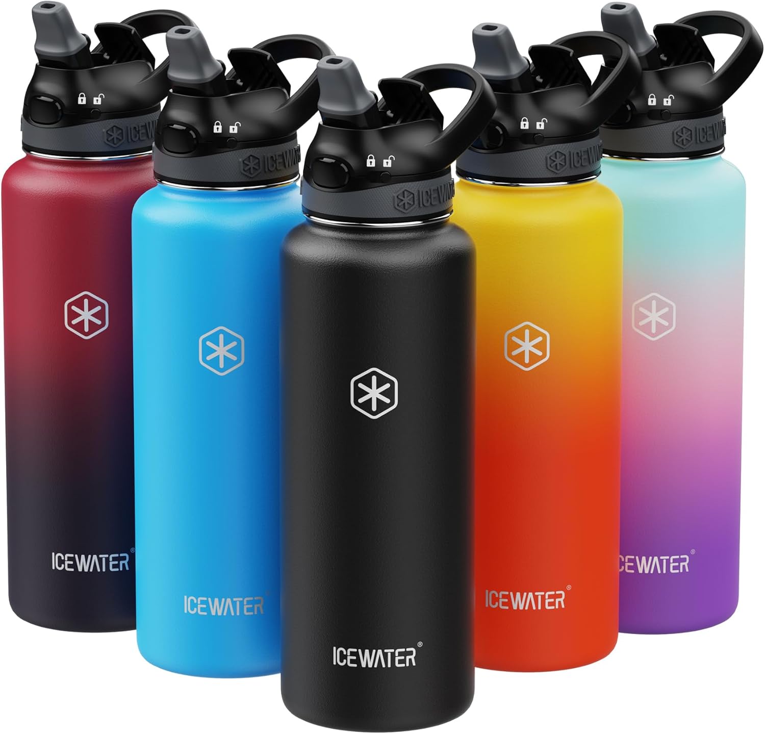 ICEWATER - 40 oz Insulated Water Bottle,Automatic Straw and Lockable Lid with Soft Rubber Nozzle, One-hand Operation, Carry Handle, Leakproof, Stainless Steel, BPA-Free (Black)