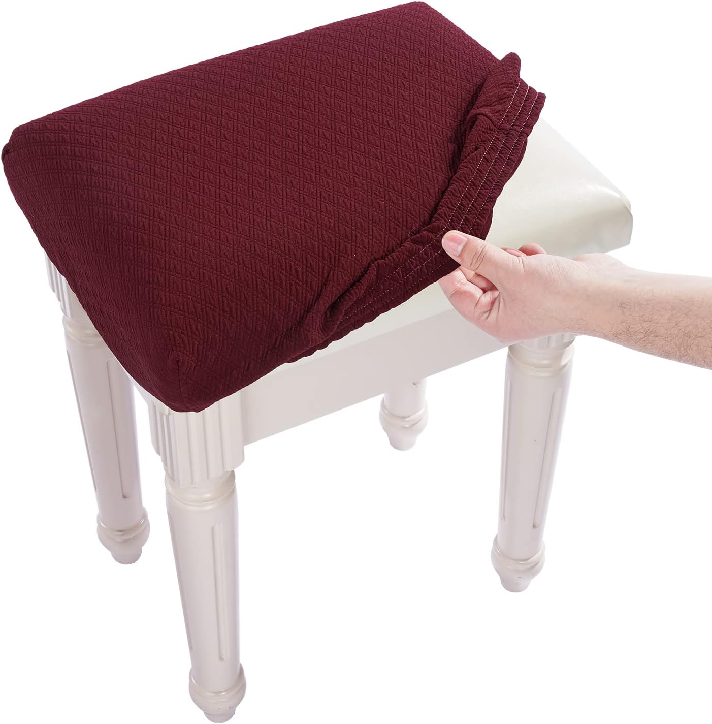 BUYUE Luxury Vanity Bench Stool Cover, (15"- 20") L x (11.8"- 15.7") W Rectangle Small Bench Stretch Jacquard Washable Slipcover (XS, Burgundy)
