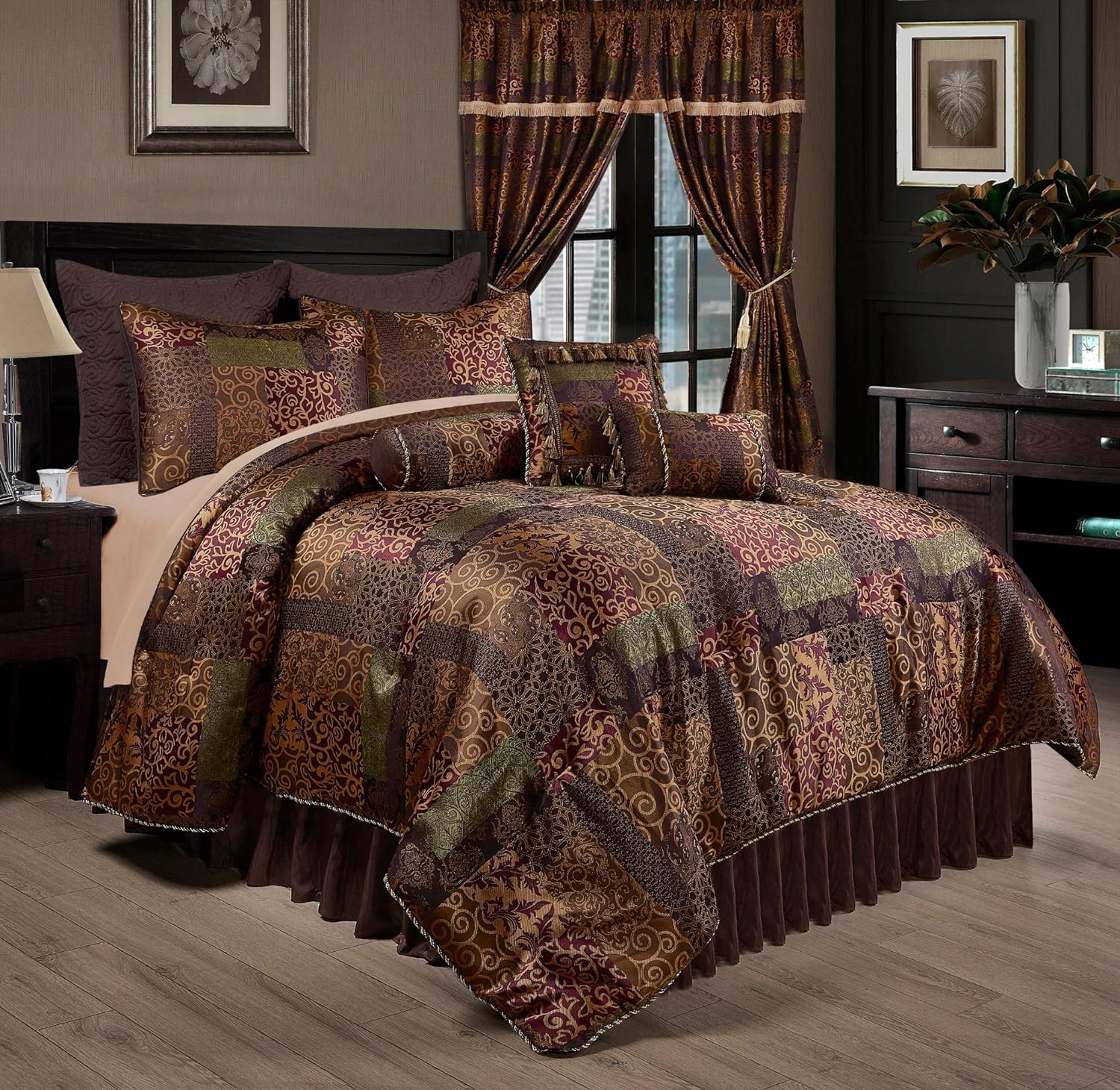 Chezmoi Collection Amelia 9-Piece Floral Jacquard Patchwork Comforter Set, California King, Multicolor