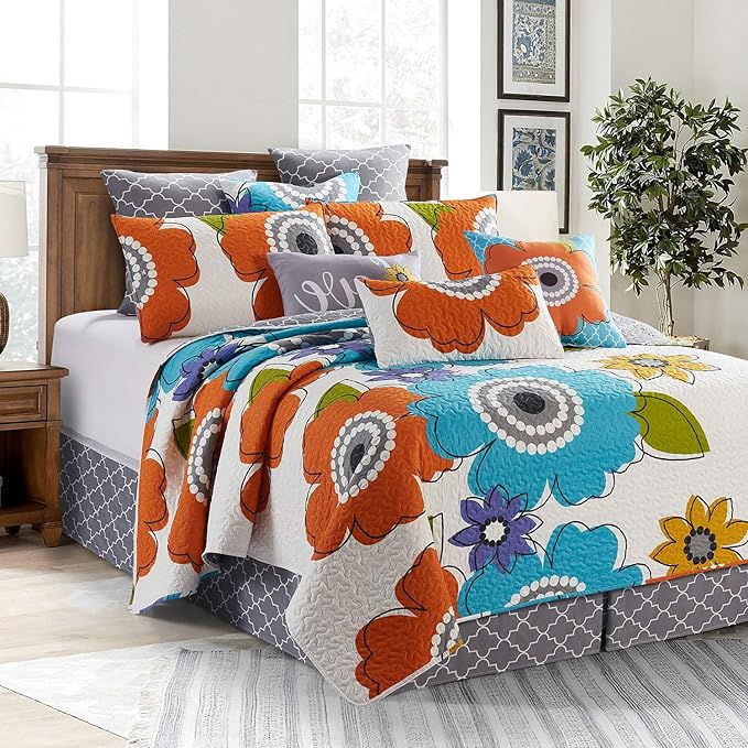 Donatella Blue and Orange Tropical Flower Quilt and Sham 3 Piece Set (Donatella, King)
