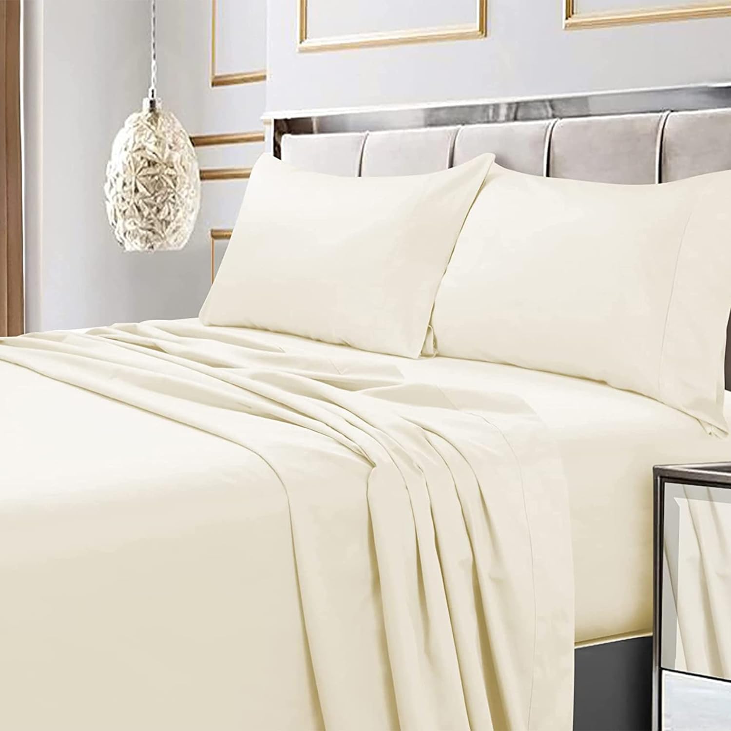Tribeca Living Soft Egyptian Cotton Sateen Solid Pillowcase Set Extra Deep Pocket, 600 Thread Count, Bed Sheet, Cal King, Ivory