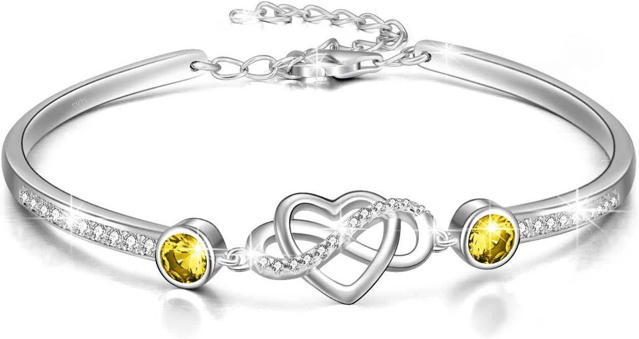 AOBOCO 925 Sterling Silver Infinity Endless Love Heart Birthstone Bangle Bracelet - I Love You Forever Series Adjustable 6-8 in Bracelet with Crystals from Austria Romantic Birthday Jewelry Gift for Women Wife Girlfriend