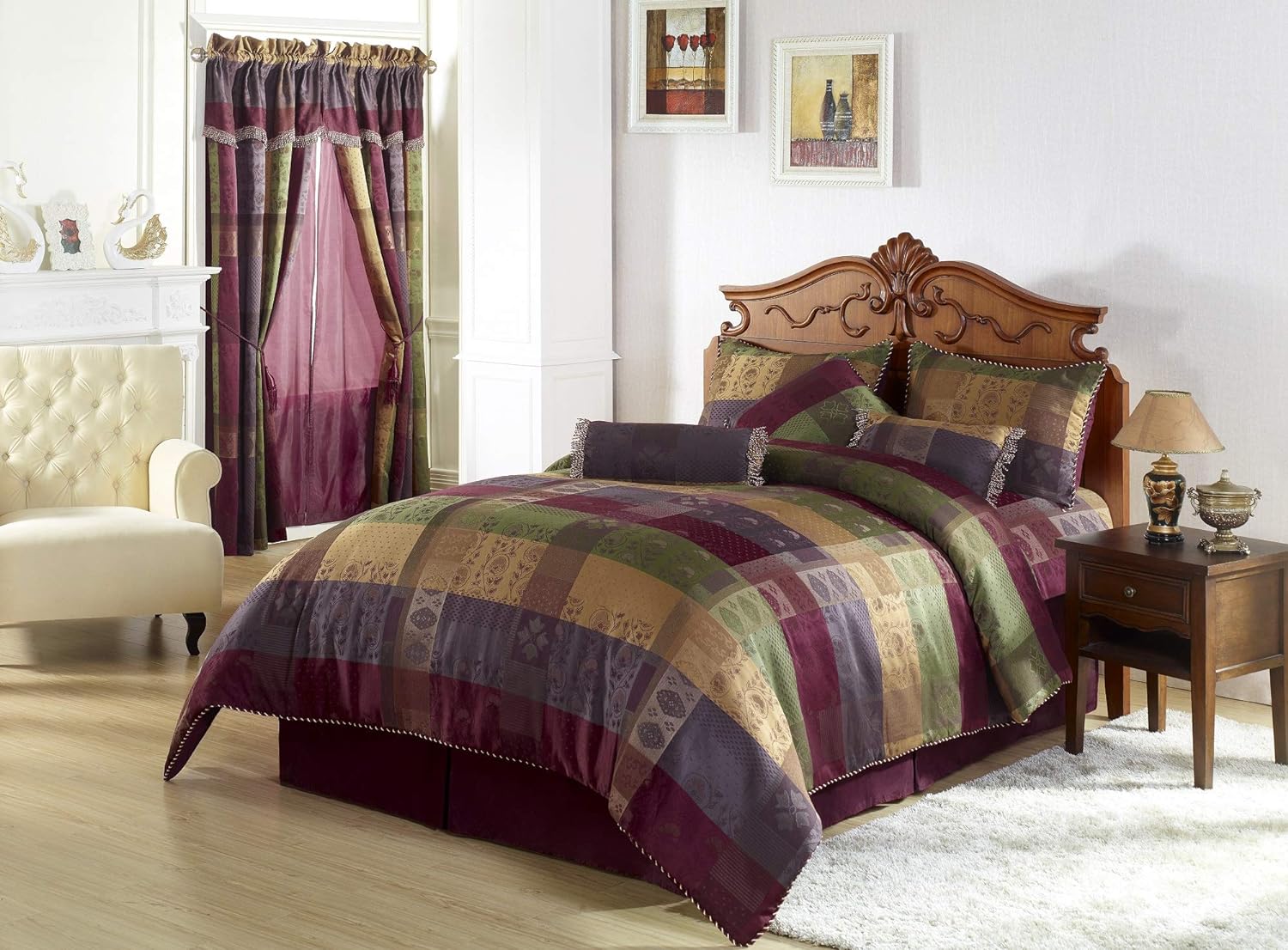 Chezmoi Collection 7 Pieces Multi Color Gitano Jacquard Patchwork Comforter Set King Size Bedding