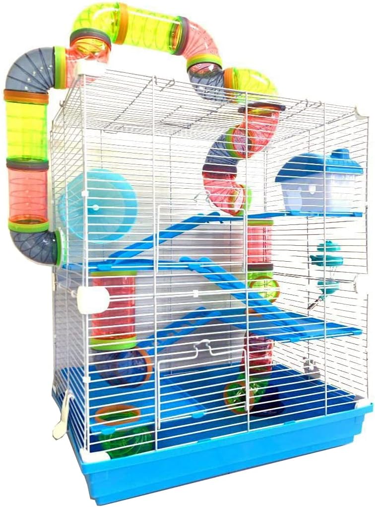 Large 5-Floors Blue Hamster Mansion Habitat Home House Cage Paw Safe Solid Platform with Hide House Running Excerise Wheel Food Bowl Water Bottle Deep Base