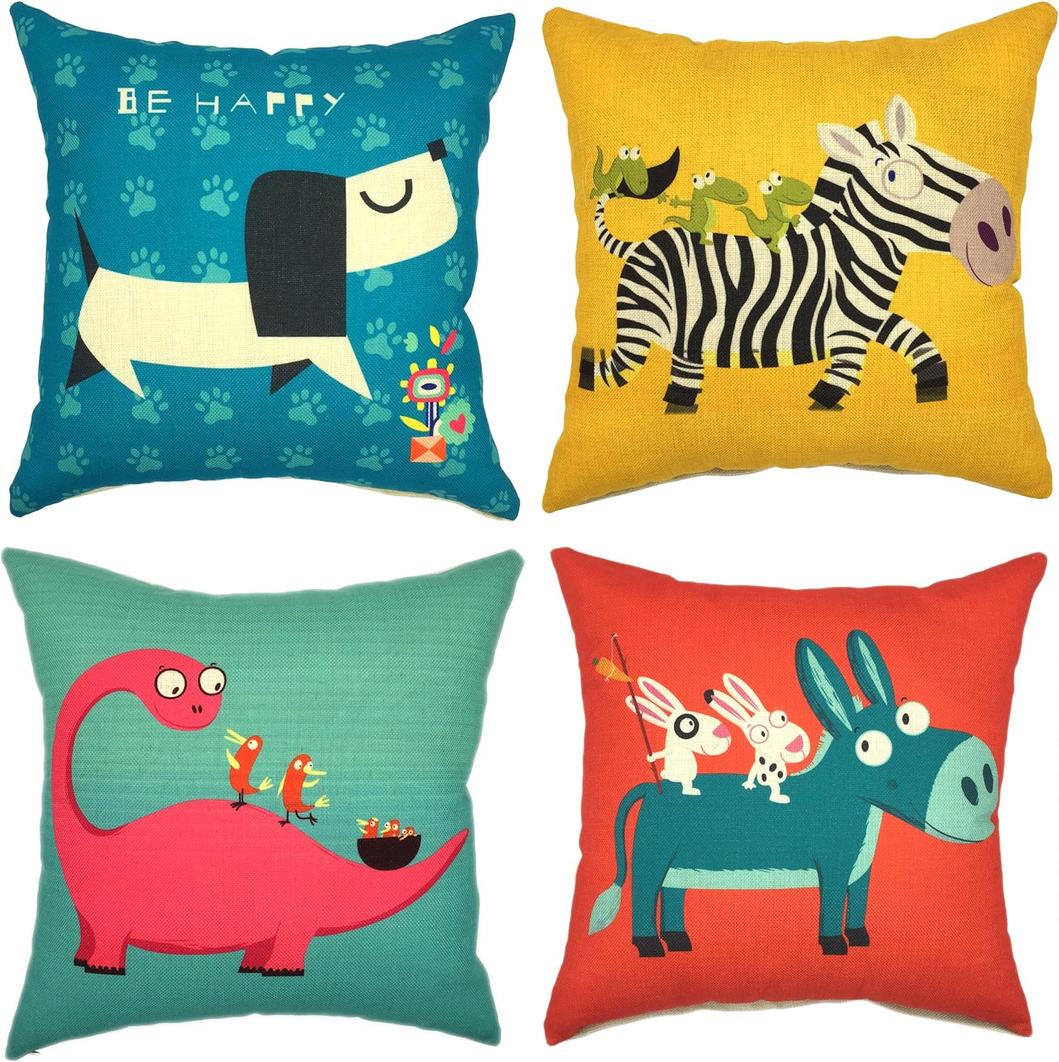 YOUR SMILE Children Series Cute Cartoon Animal Cotton Linen Decorative Throw Pillow Case Cushion Cover Pillowcase for Sofa 18 x 18 Inch, Set of 4