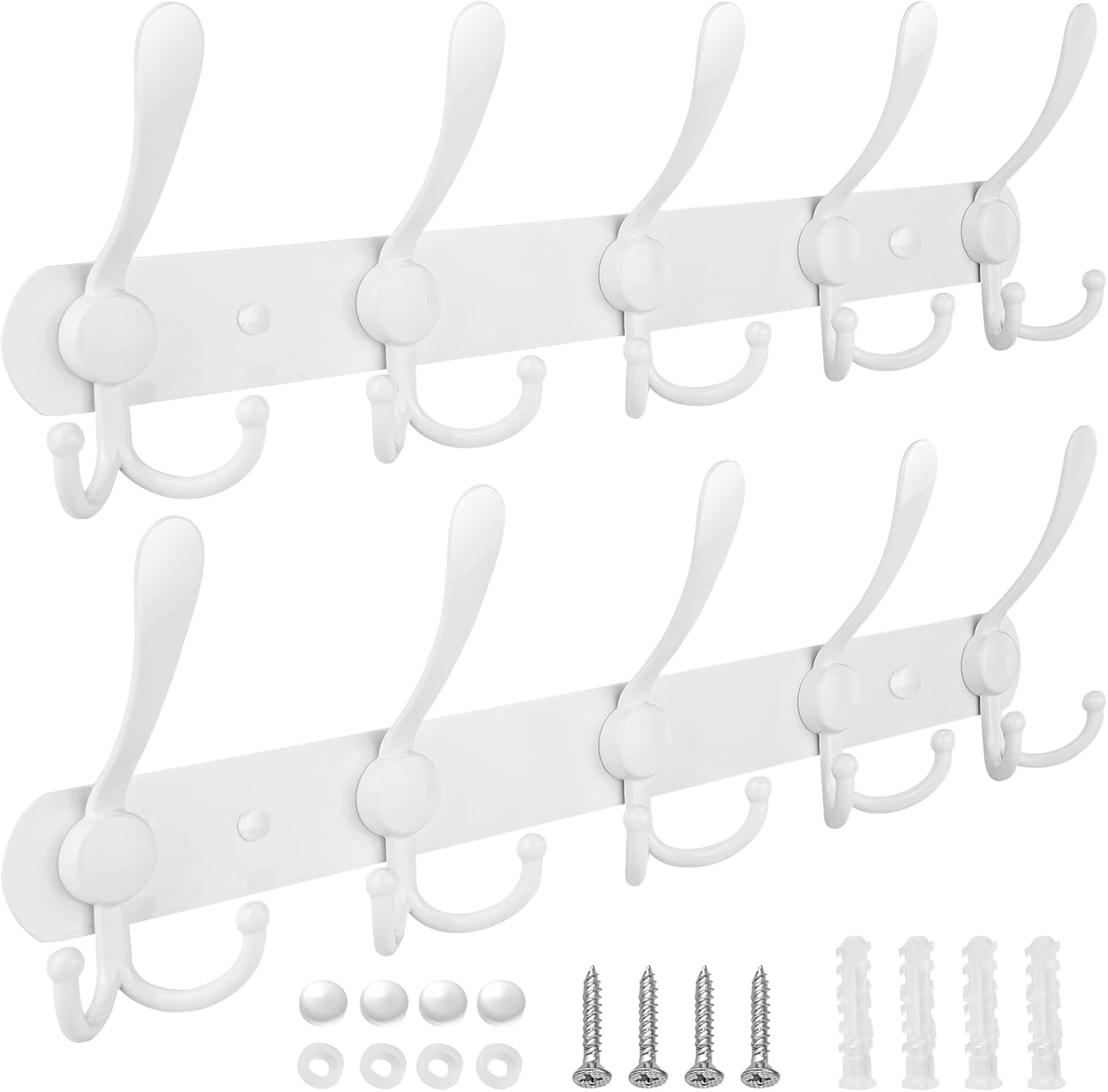 TICONN Wall Mounted Coat Rack, Five Heavy Duty Tri Hooks All Metal Construction for Jacket Coat Hat in Mudroom Entryway (White, 2-Pack)