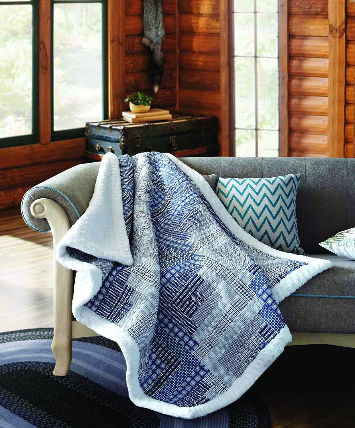 Virah Bella Quilted Sherpa Throw Blanket 50" x 60" Montana Cabin: Blue/Gray Lightweight Throw Quilt Great for Loungers & Extra Bedding - Beautiful Lodge-Themed Blanket