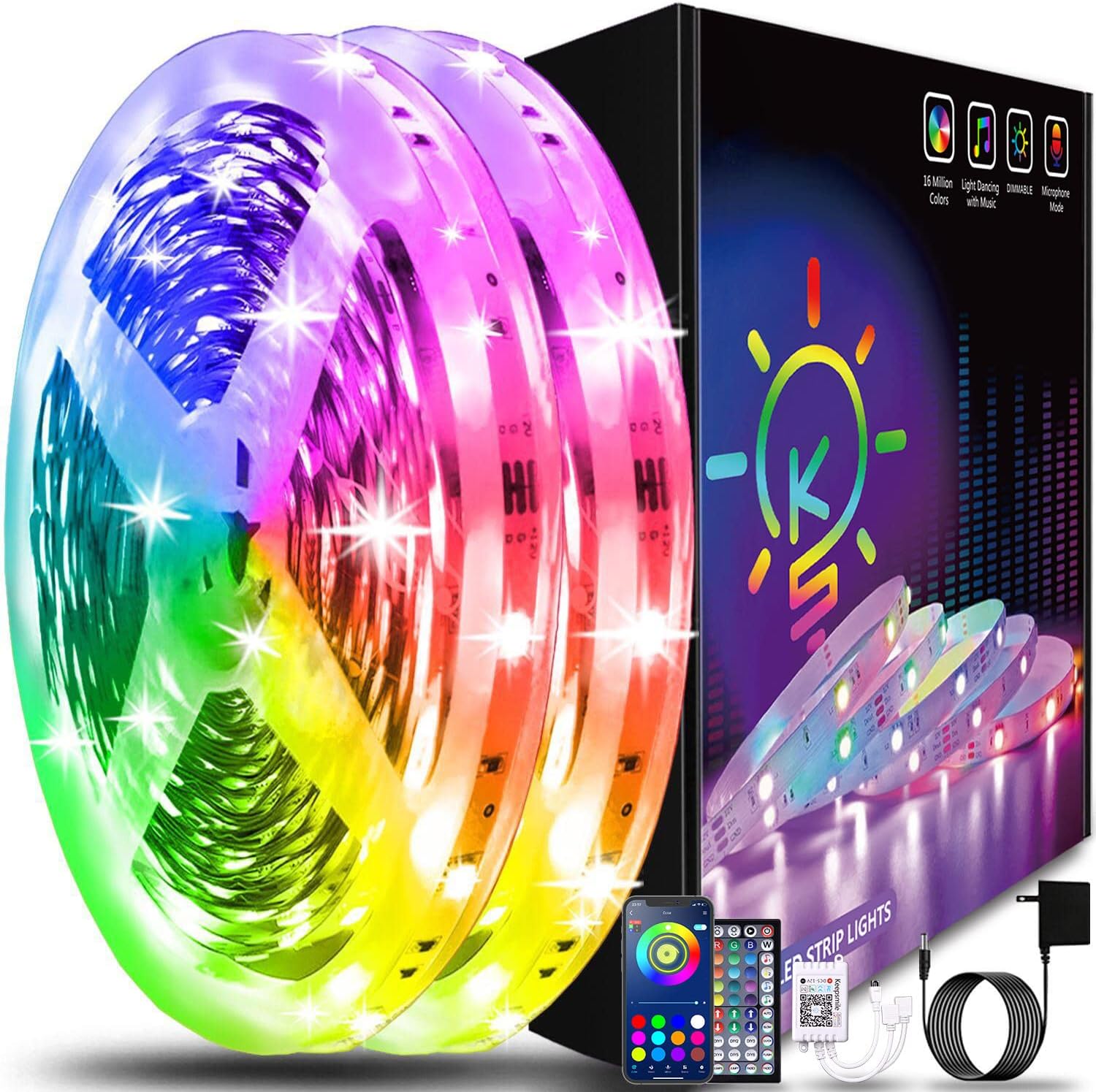 Keepsmile 130ft Led Strip Lights (2 Rolls of 65ft) RGB Color Changing Bluetooth Smart APP Led Light Strips SMD 5050 LED Strips with Remote Led Lights for Bedroom Kitchen Home Decoration