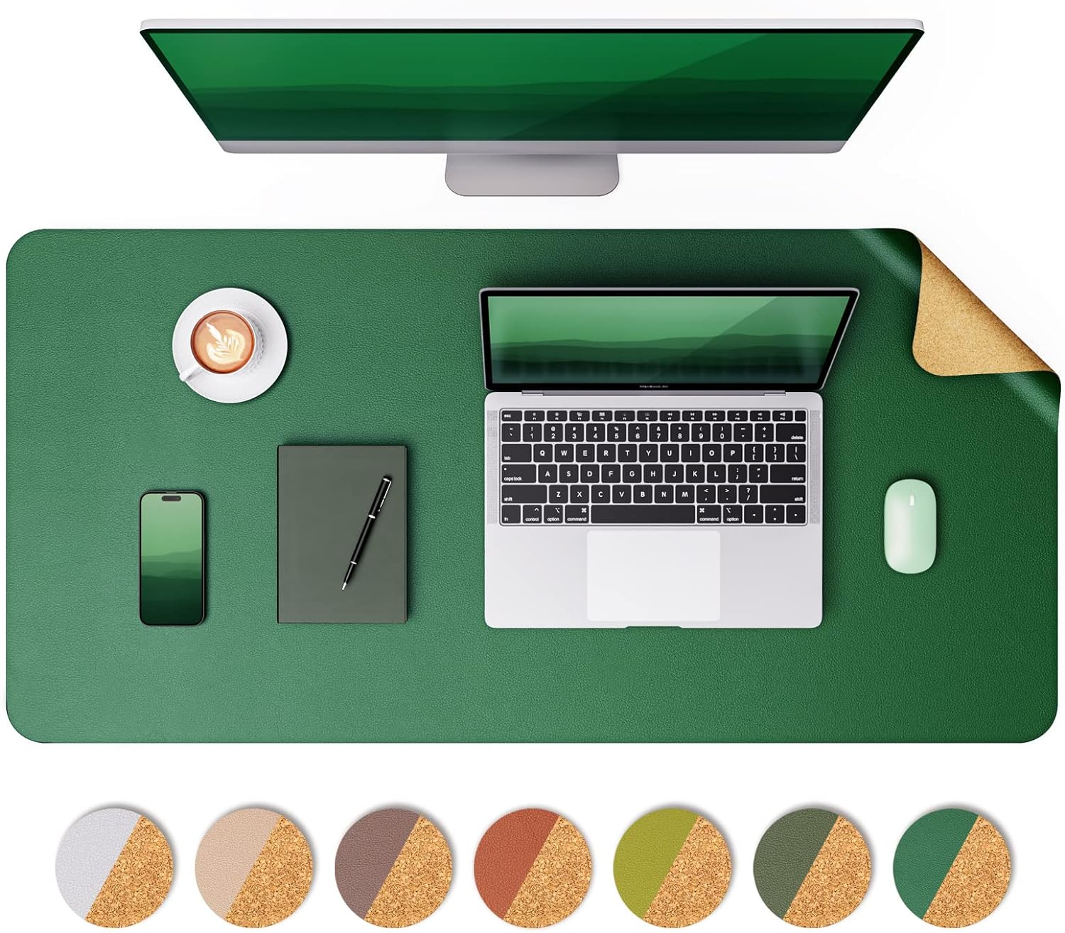 YSAGi Double-Sided Desk Pad, Leather Desk Mat, Eco Cork Desk Pad Protector, Large Mouse Pad for Desk, Waterproof Desk Blotter Pad, Desk Writing Pad for Office Work/Home(23.6"x13.7",Cork+Dark Green)