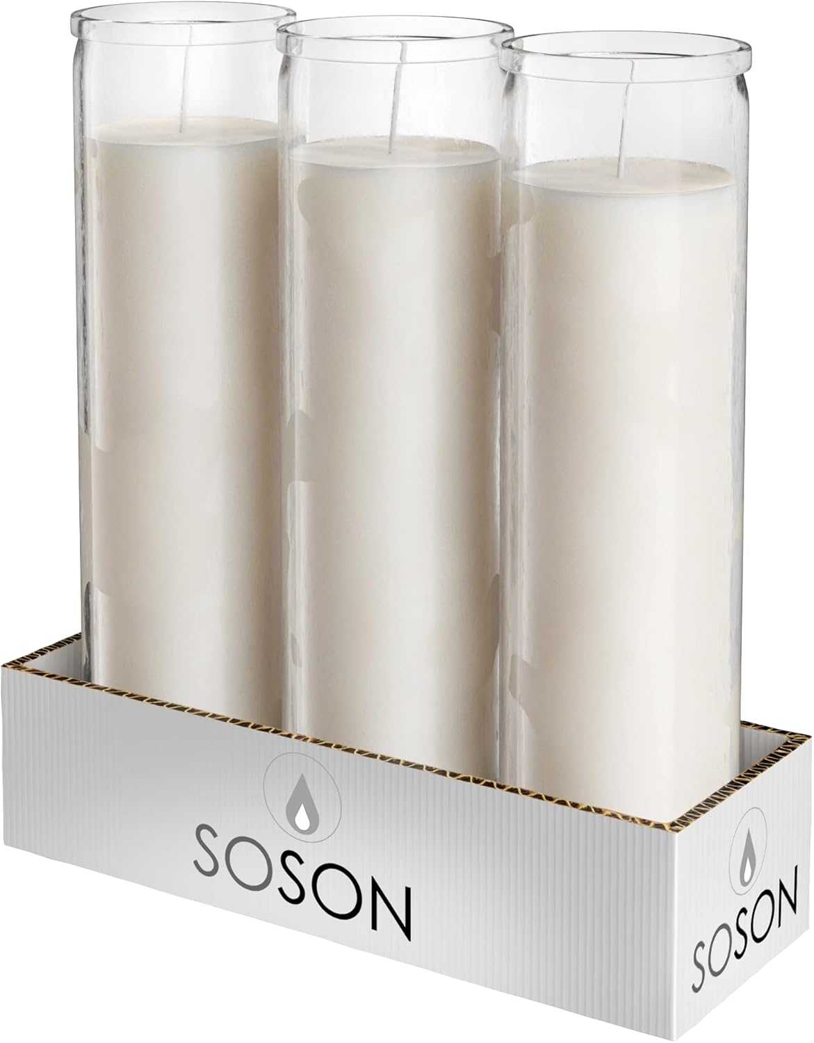 Simply Soson 2x8 inch 7 Day White Pillar Candles in Glass Set of 3, 90 Hour burn time, Unscented Prayer Candles, Religious Candles, Candles for Memorials, Vigil Candles, Emergency Candles