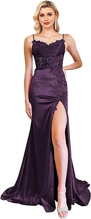 Lace Applique Prom Dresses Spaghetti Straps Mermaid Formal Dress for Women Silk Satin Evening Gowns with Slit