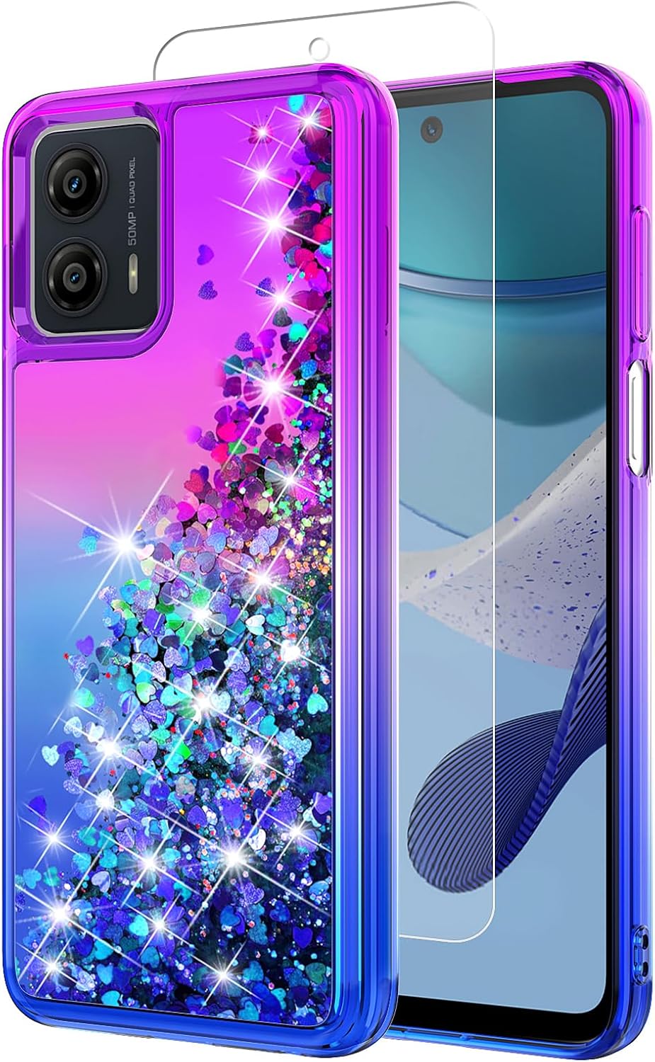 for Moto G 5G 2023 Case,Motorola G 5G 2023 Case,with HD Screen Protector,Gradient Quicksand Glitter Liquid Floating Girls Cute Phone Case for Motorola Moto G 5G 2023 (Purple/Blue)