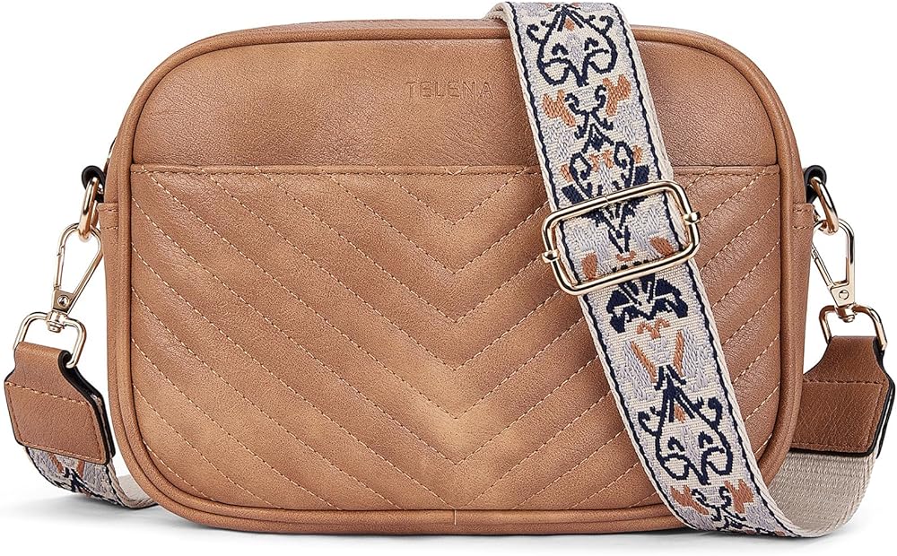 Telena Quilted Crossbody Bags for Women Trendy Small Crossbody Bag Leather Purses Women's Crossbody Handbags with Wide Strap