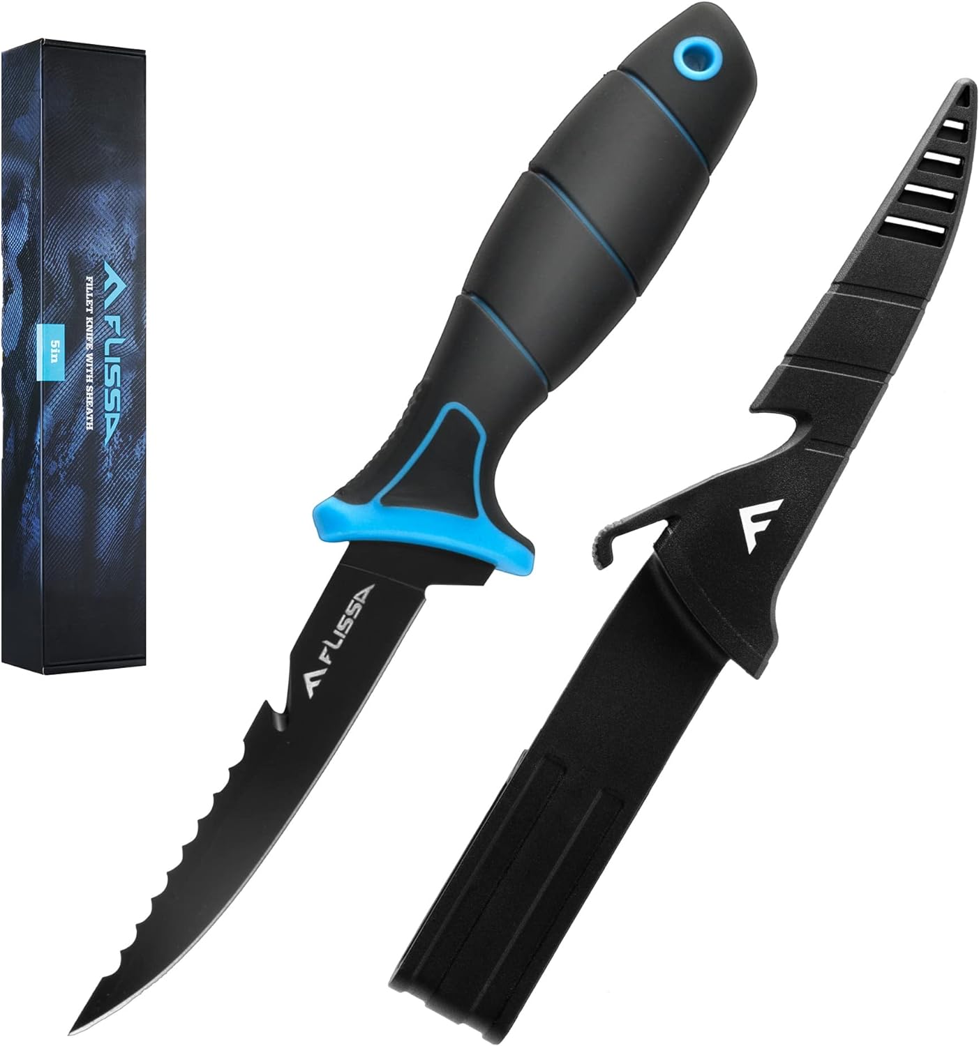 FLISSA Fish Fillet Knife, 5 Fishing Knife & Bait Knife with Protective Sheath, Non-Slip Handle, Belt Clip and Razor Sharp 8Cr13MoV Stainless-Steel Blade, Boning Knife for Meat Cutting Butchering