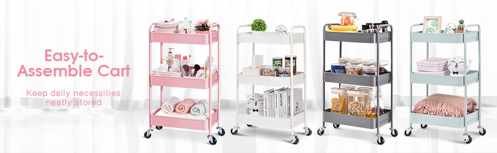 TOOLF 3-Tier Rolling Cart, Metal Utility Cart with Lockable Wheels, Storage Craft Art Cart Trolley Organizer Serving Cart Easy Assembly for Baby Room, Bathroom, Kids' Room, Beauty Salon (Pink)