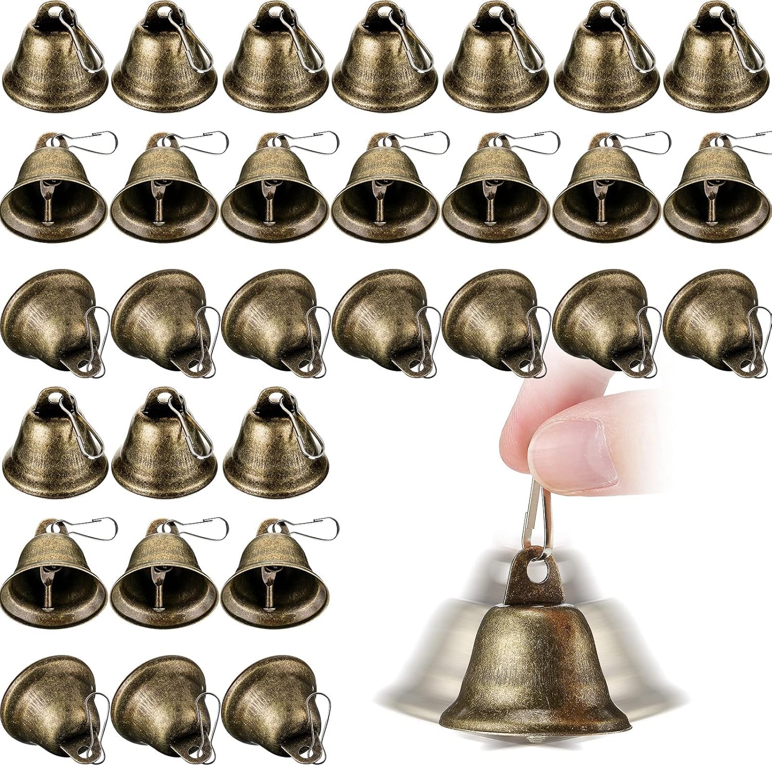 30 Pieces Craft Bells Small Brass Bells for Crafts Vintage Bells with Spring Hooks for Hanging Wind Chimes Making Dog Training Doorbell Christmas Tree Wedding Decor, 1.65 x 1.5 Inch (Bronze)