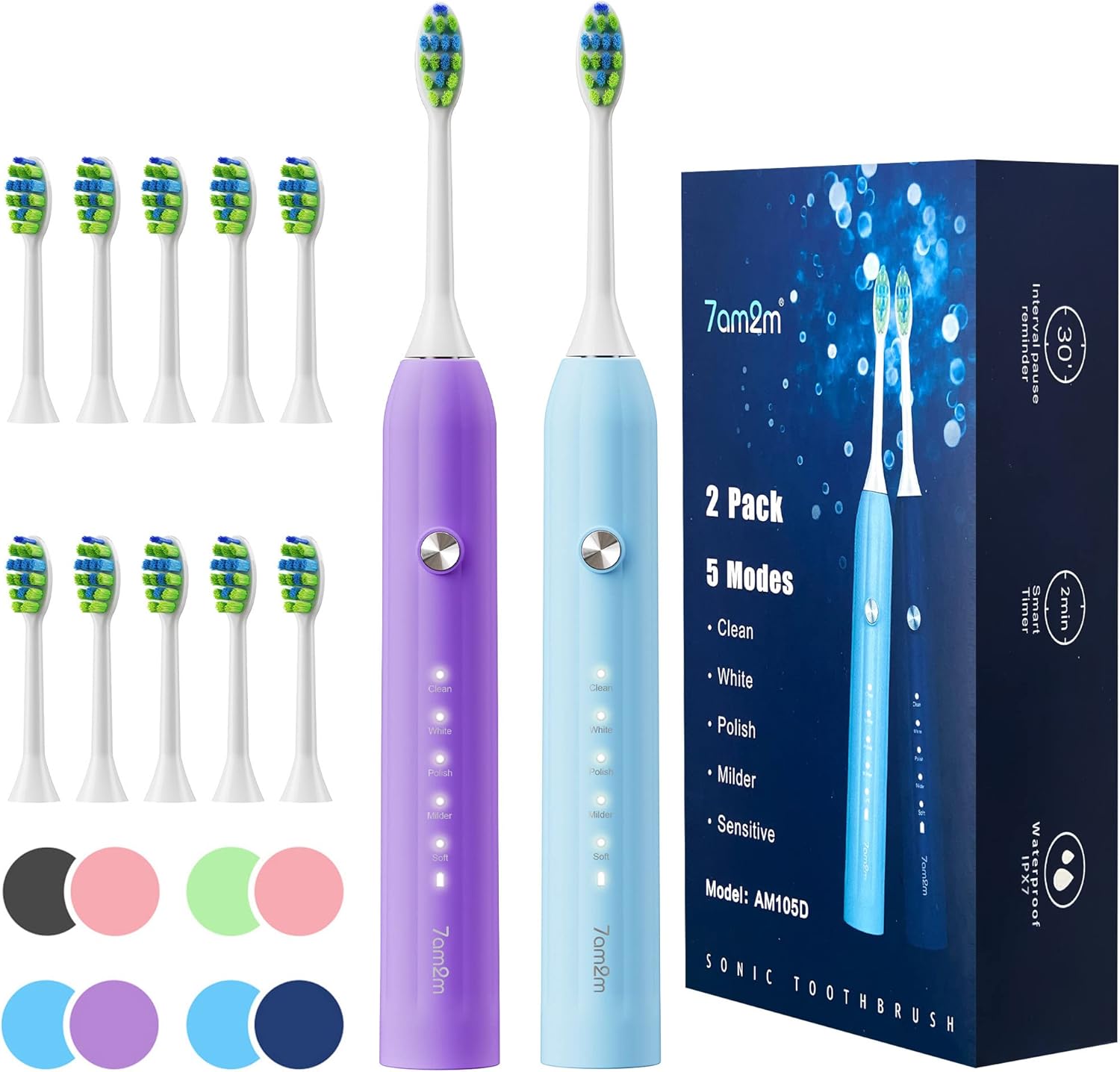 7AM2M Rechargeable Sonic Electric Toothbrush 2 Pack, Soft Toothbrushes for Adults and Kids with 12 Brush Heads, IPX7 One Charge Use for 60 Days, 5 Modes with 2 Minutes Build in Smart Timer