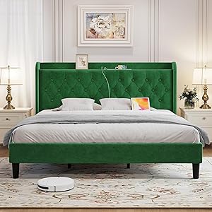 King Velvet Bed Frame, Adjustable Upholstered Platform Bed Frame with Type-C&USB Ports, Wingback Storage Headboard, Solid Wood Slats Support, No Box Spring Needed, Noise-Free, Gem Green