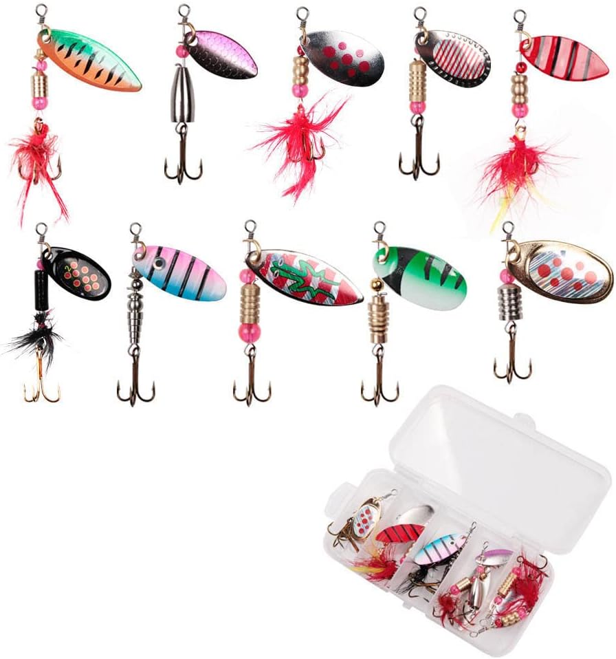 Spinnerbaits Rooster Tail Fishing Lure Fishing Baits Fishing Lures for Freshwater,Fishing Spoon,10PCS Trout Lures,Bass Lures,Spinners Fishing Lure,Hard Metal Spinner Baits kit with Box-Packed