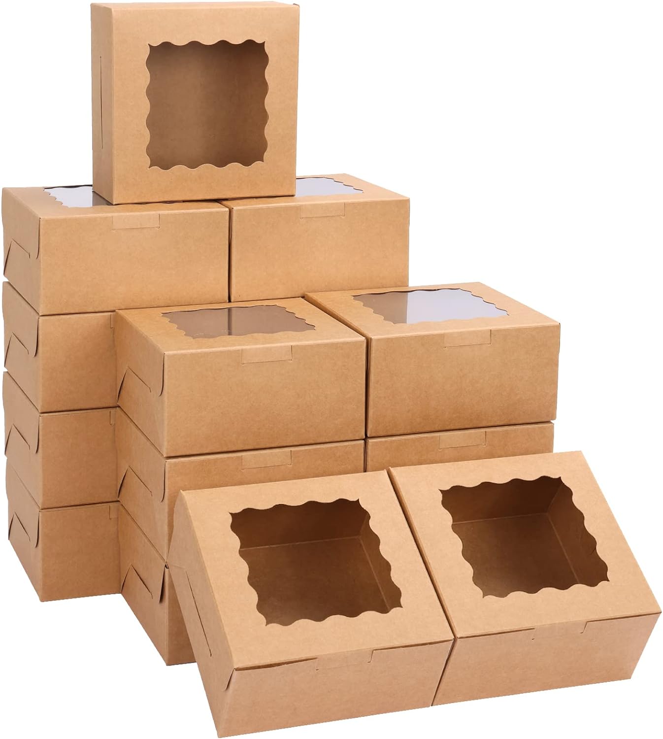 Moretoes 80pcs Bakery Boxes with Window 6x6x3 Inches Kraft Cookie Boxes Small Treat Boxes Pastry Boxes for Chocolate Covered Strawberries, Macarons, Cupcakes, Goodies, Donuts
