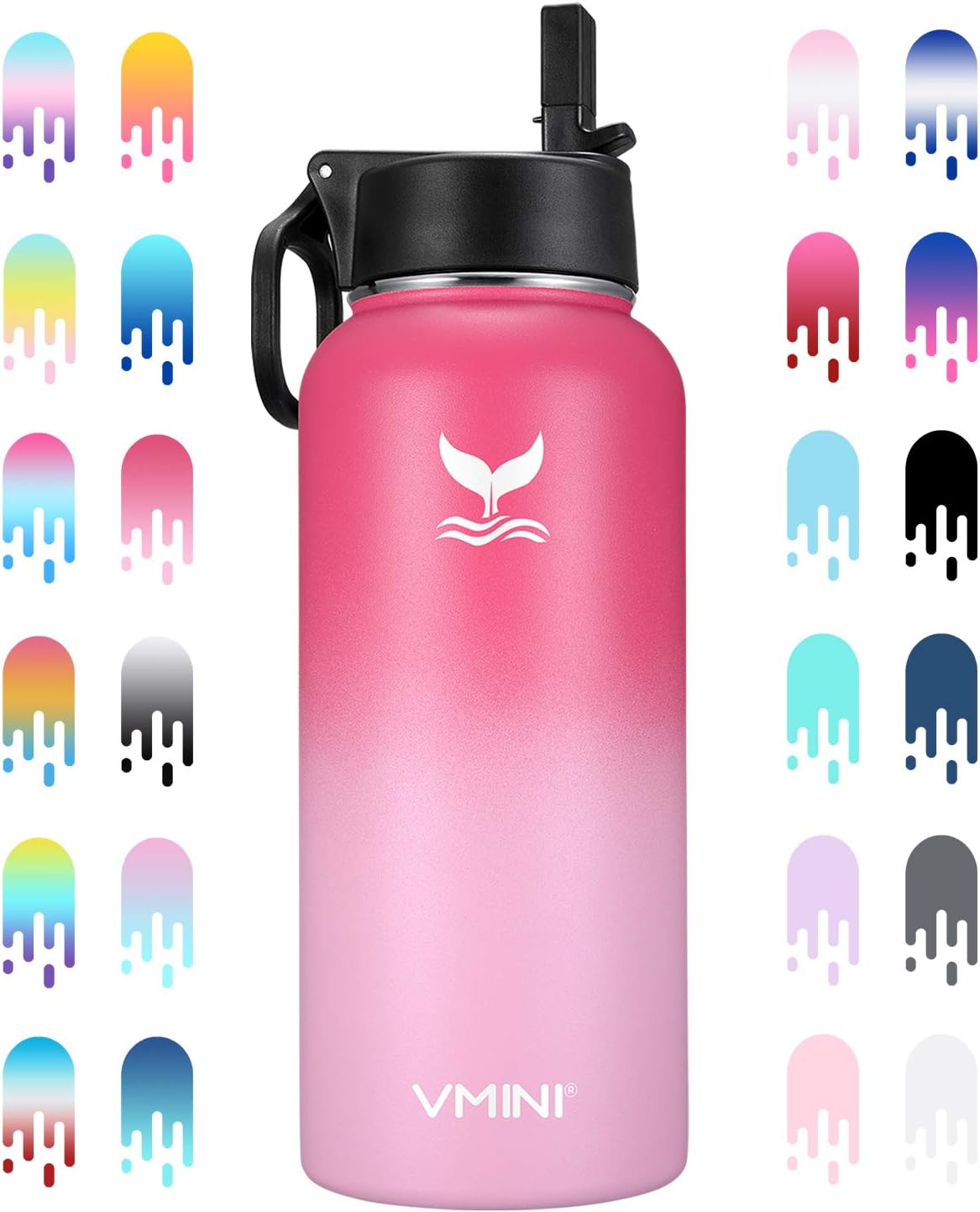 Vmini Water Bottle with Straw, Wide Rotating Handle Straw Lid, Wide Mouth Vacuum Insulated Stainless Steel Water Bottle,