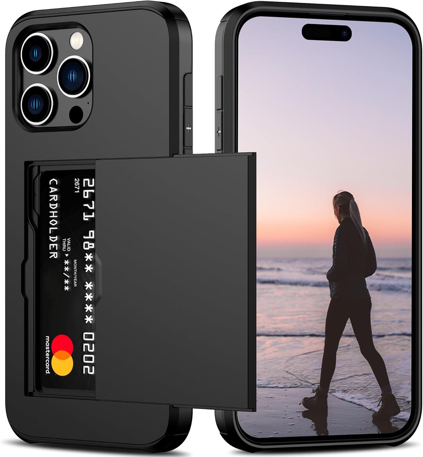 Nvollnoe Compatible with iPhone 15 Pro Max Case with Card Holder Heavy Duty Protective Dual Layer Shockproof Hidden Card Slot Slim Wallet Phone Cover for Women&Men 6.7 inch(Black)