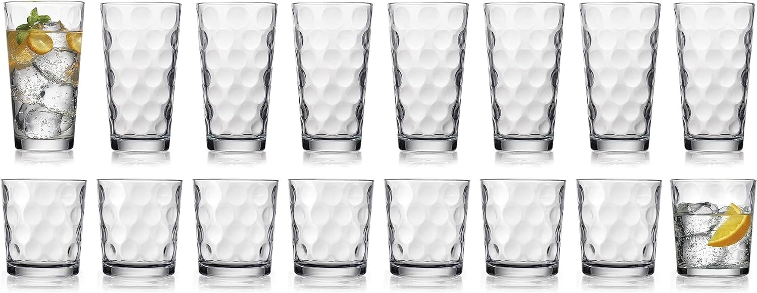 Home Essentials Drinking Glasses Set of 16, 8 Highball Glasses -17 oz., 8 Rocks Whiskey Glass Cups 13 oz., Inner Circular Lensed Glass Cups.