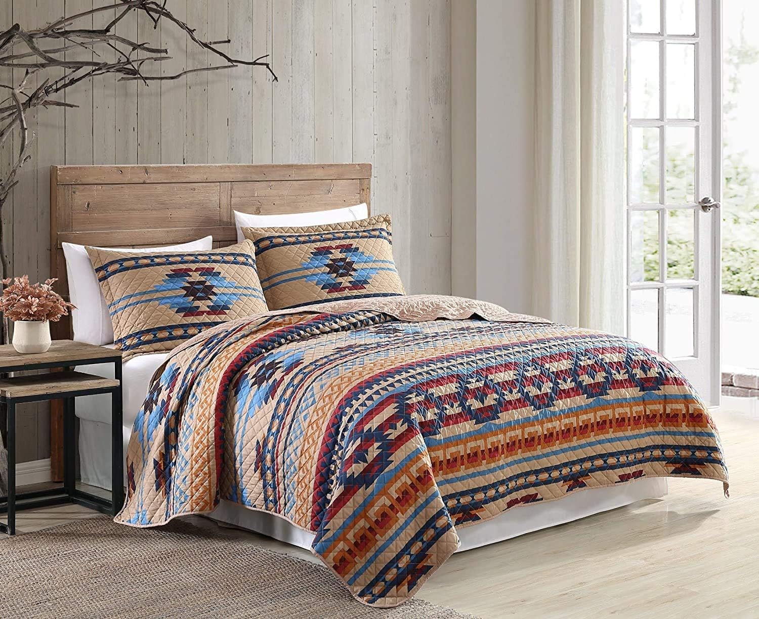 Chezmoi Collection Wyoming 3-Piece Southwestern Quilt Set - Geometric Tribal Multicolor Beige Brown Blue Red Printed Pre-Washed Microfiber Bedspread Set, Queen Size