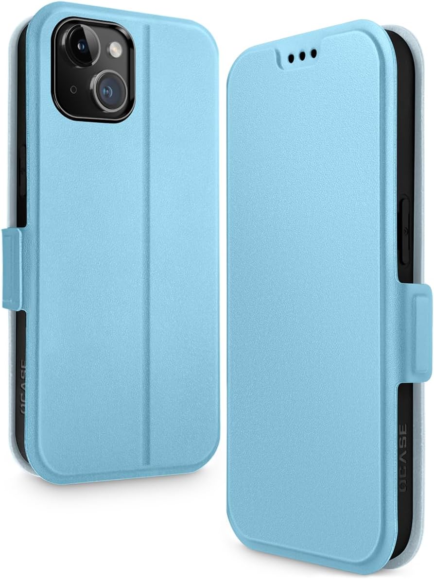 OCASE for iPhone 15 Wallet Case, Slim PU Leather Flip Folio, Card Slots, RFID Blocking, Kickstand, Shockproof Phone Cover 6.1 Inch 2023, Light Blue