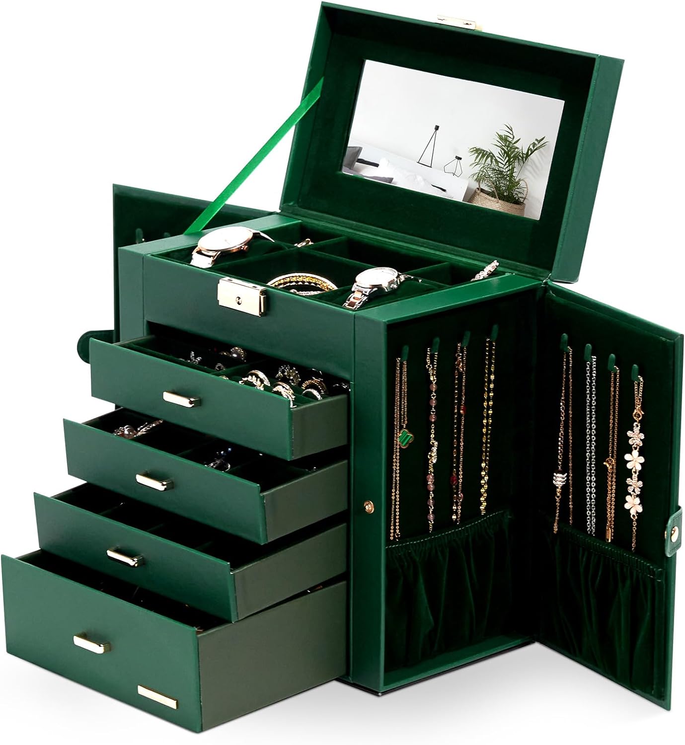Homde Synthetic Leather Huge Jewelry Box Mirrored Watch Organizer Necklace Ring Earring Storage Lockable Gift Case (Forest Green + Gold)