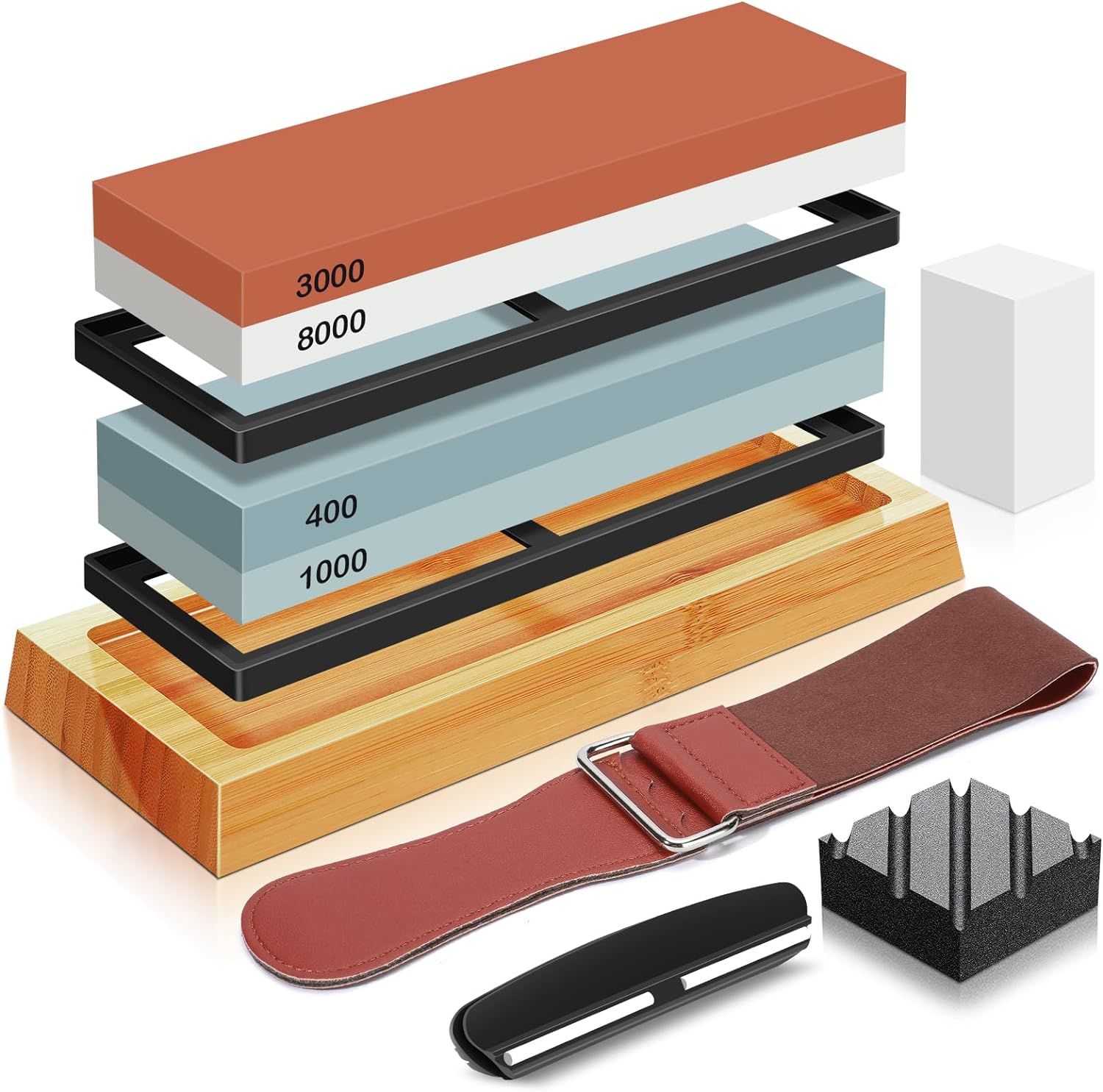 knife sharpening Stone kit, sharpening stone 4 Side Grit 400/1000 3000/8000 Waterstone, Includes Leather Strop, Bamboo Base, Flattening Stone, Slip Rubber Bases, and Angle Guide