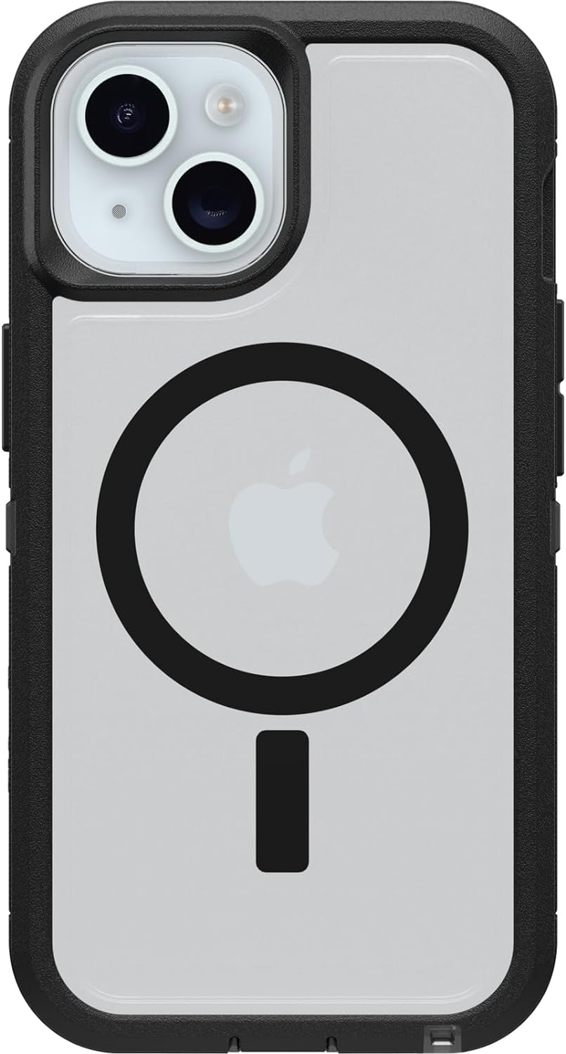 OtterBox iPhone 15, iPhone 14, and iPhone 13 Defender Series XT Clear Case - DARK SIDE (Black/Clear), screenless, rugged , snaps to MagSafe, lanyard attachment