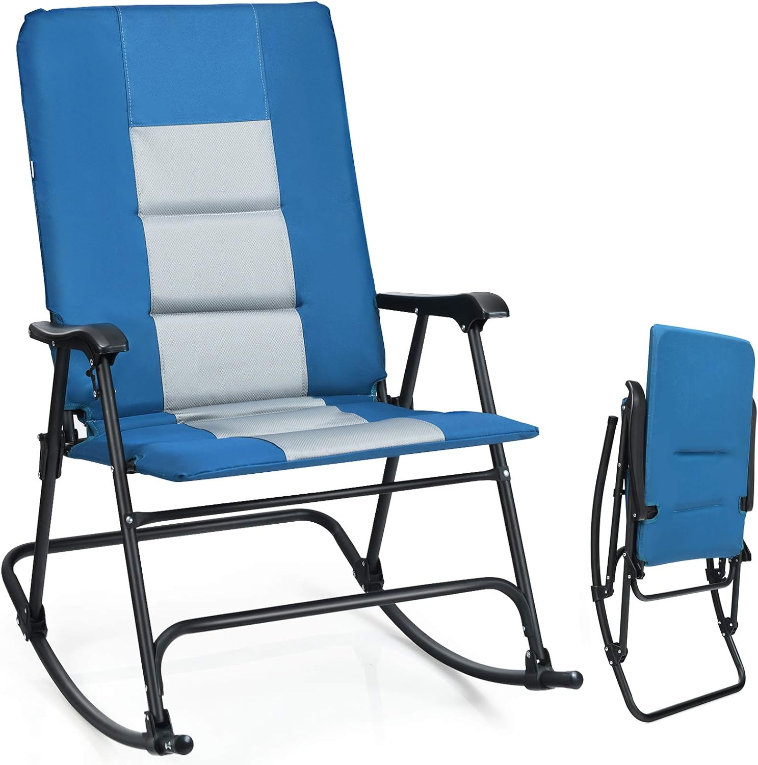 Giantex Camping Rocking Chair Fold-able Oversized with Padded Armrest and Seat Folding Lawn Chair 350 lbs Weight Capacity for Outdoor, Patio, Lawn, Backyard, Garden Portable Chair (1, Blue)