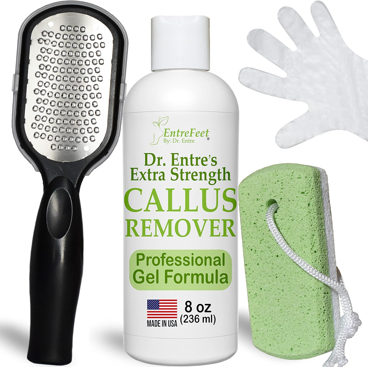 Dr. Entre' Callus Remover Gel Kit for Feet: Foot File, Pumice Stone, 5 Glove Pairs for Gel Application, Spa Kit, Foot Care, Pedicure Tools, Scrubber, 8oz