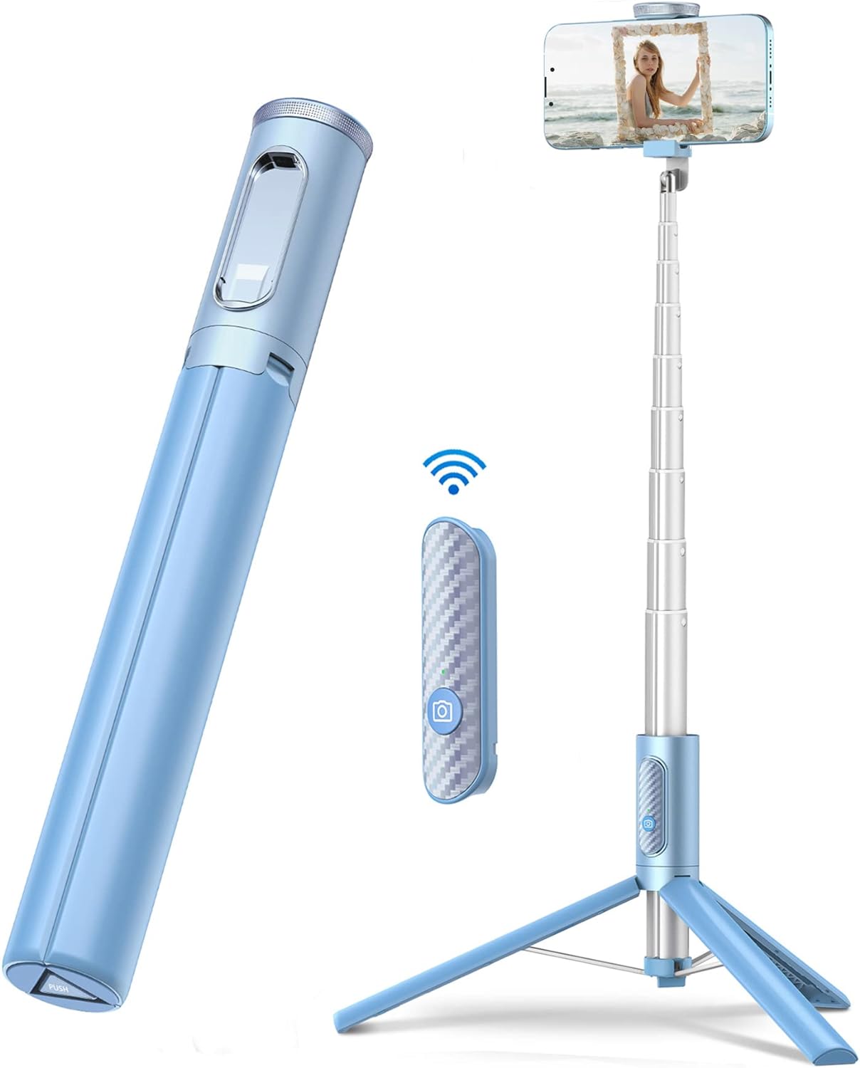 TONEOF 60 Inch Selfie Stick with Integrated Wireless Remote Control, Portable, Lightweight, Expandable Tripod for 4"-7" Phone/iPhone and Android(Blue)