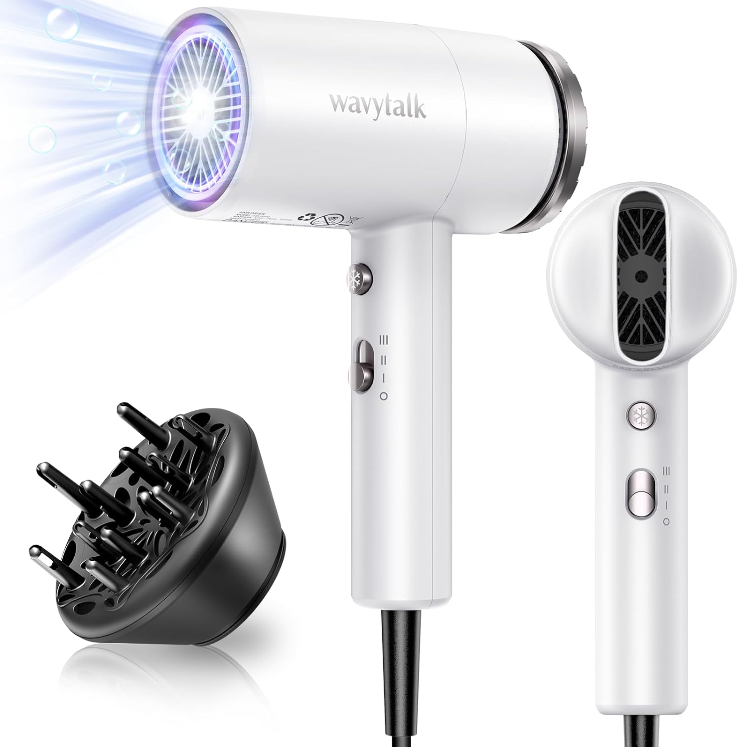 Wavytalk Hair Dryer with Diffuser 1875W Ionic Blow Dryer for Fast Drying with Concentrator Lightweight White.