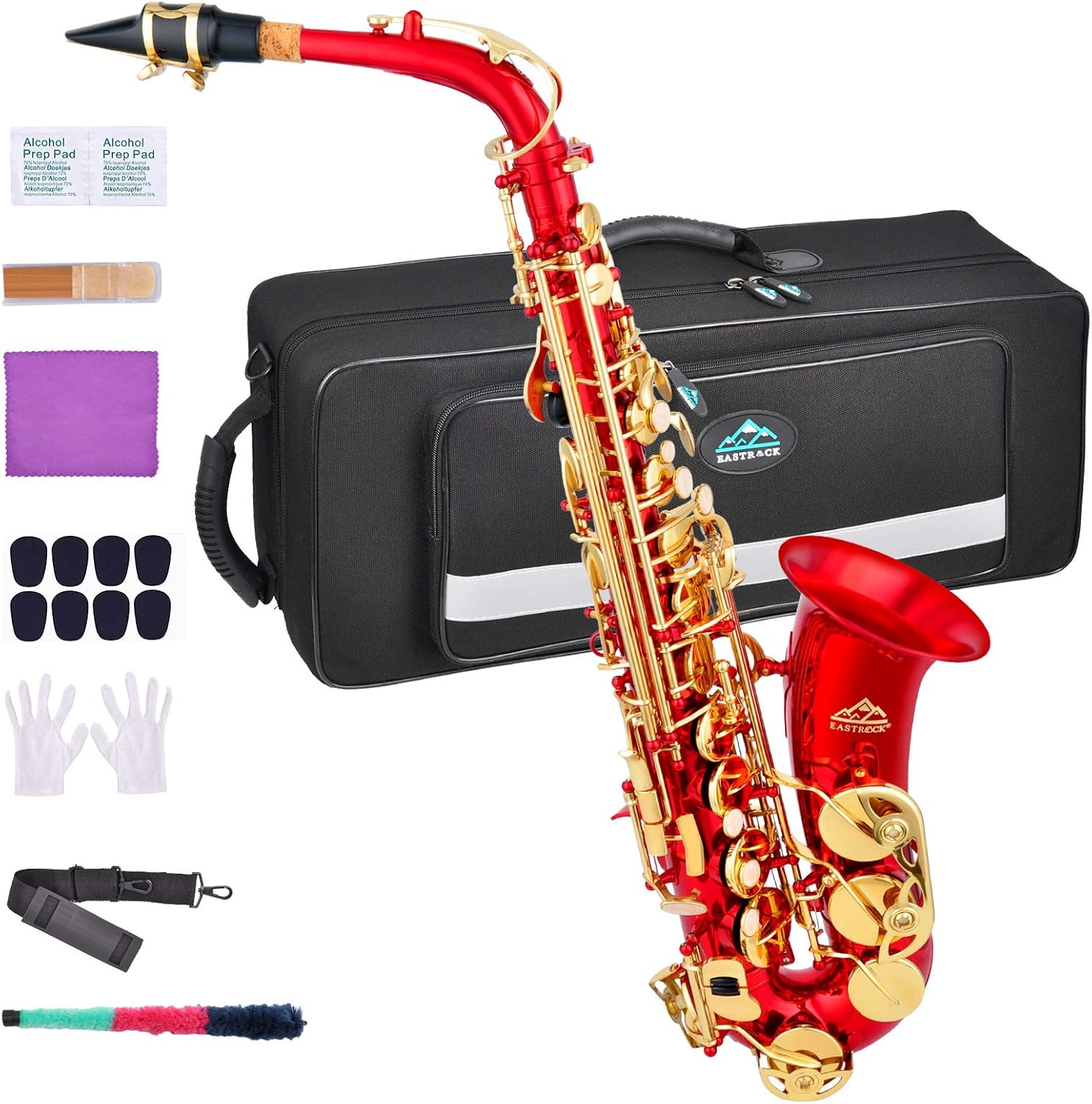 EASTROCK Red/Golden Alto Saxophone E Flat Sax Full Kit for Students Beginner with Carrying Case,Mouthpiece,Mouthpiece Cushion Pads,Cleaning Cloth&Cleaning Rod,White Gloves,Neck Strap