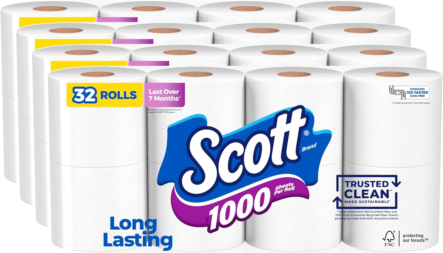 Scott 1000 Toilet Paper, 32 Rolls, Septic-Safe, 1-Ply Toilet Tissue