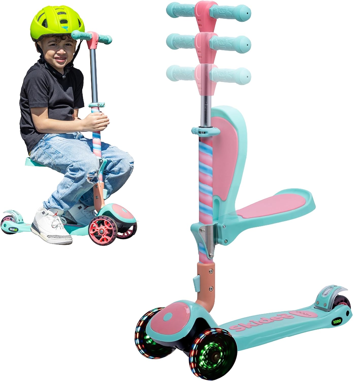 Kick Scooters for Kids Ages 3-5 (Suitable for 2-12 Year Old) Adjustable Height Foldable Scooter Removable Seat, 3 LED Light Wheels, Rear Brake, Wide Standing Board, Outdoor Activities for Boys/Girls